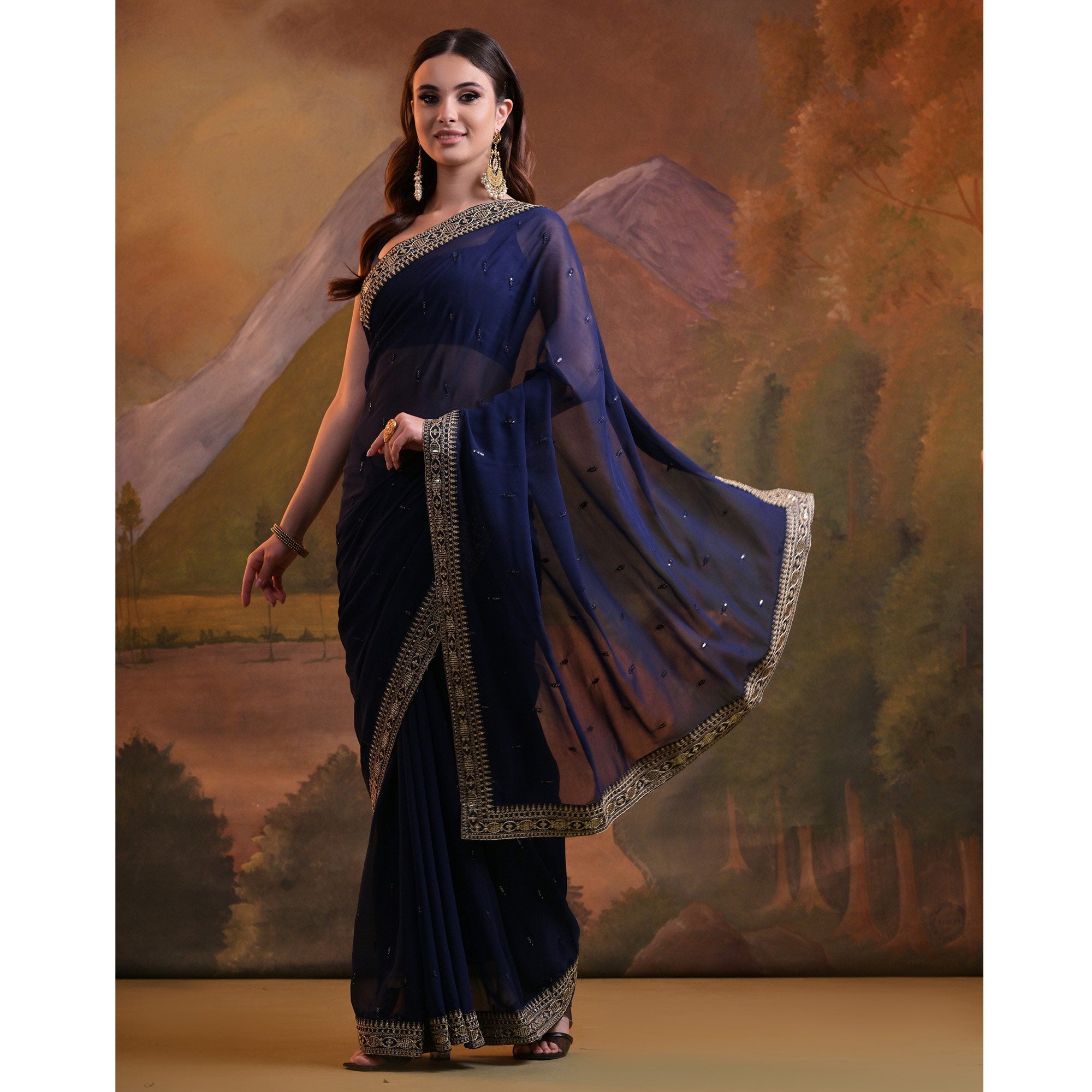 Blue Butti Sequins Embroidered Georgette Saree
