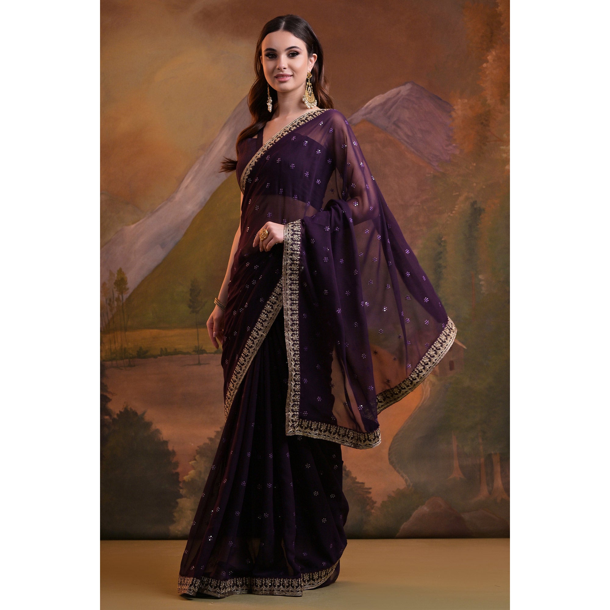 Purple Butti Sequins Embroidered Georgette Saree