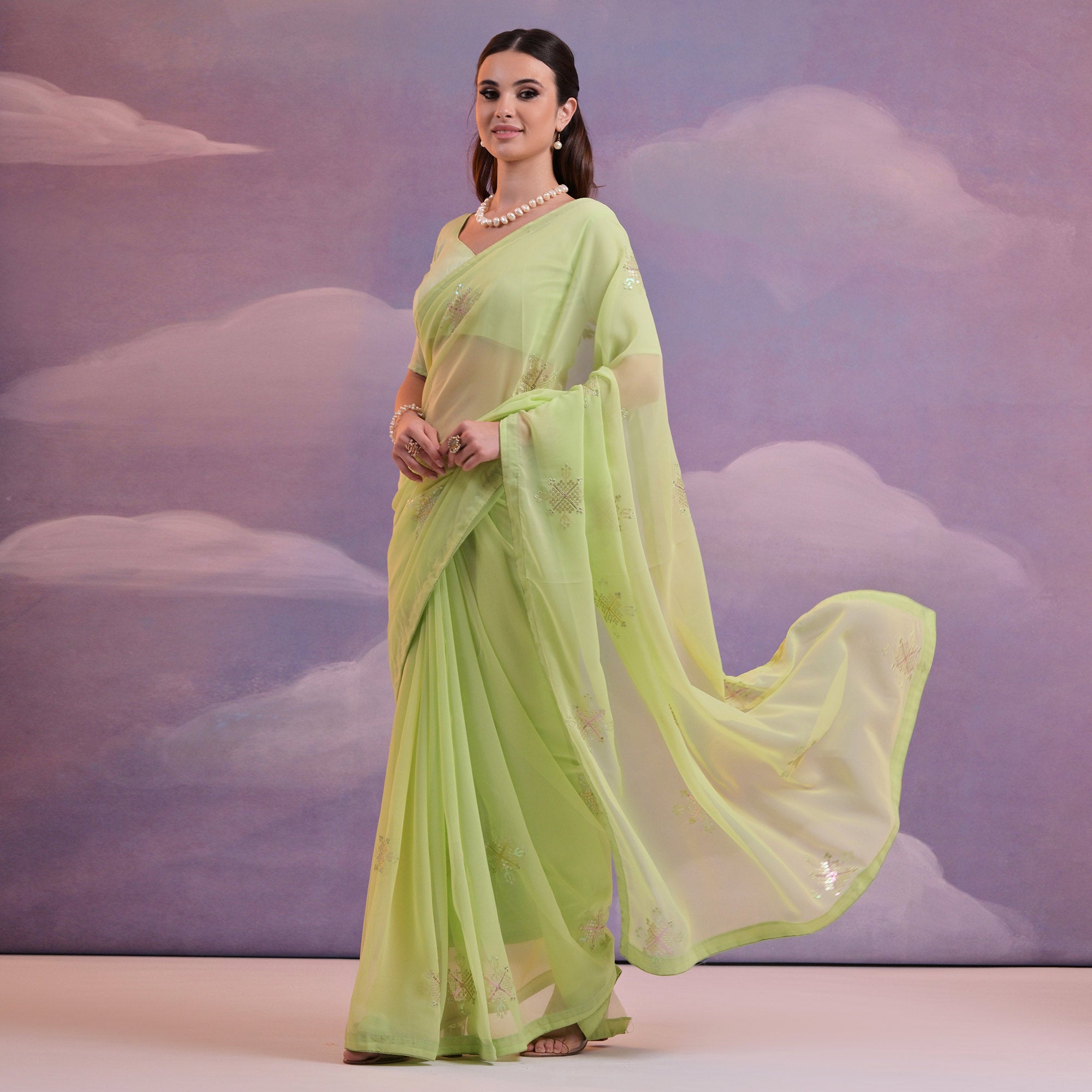 Green Sequins Embroidered Georgette Saree
