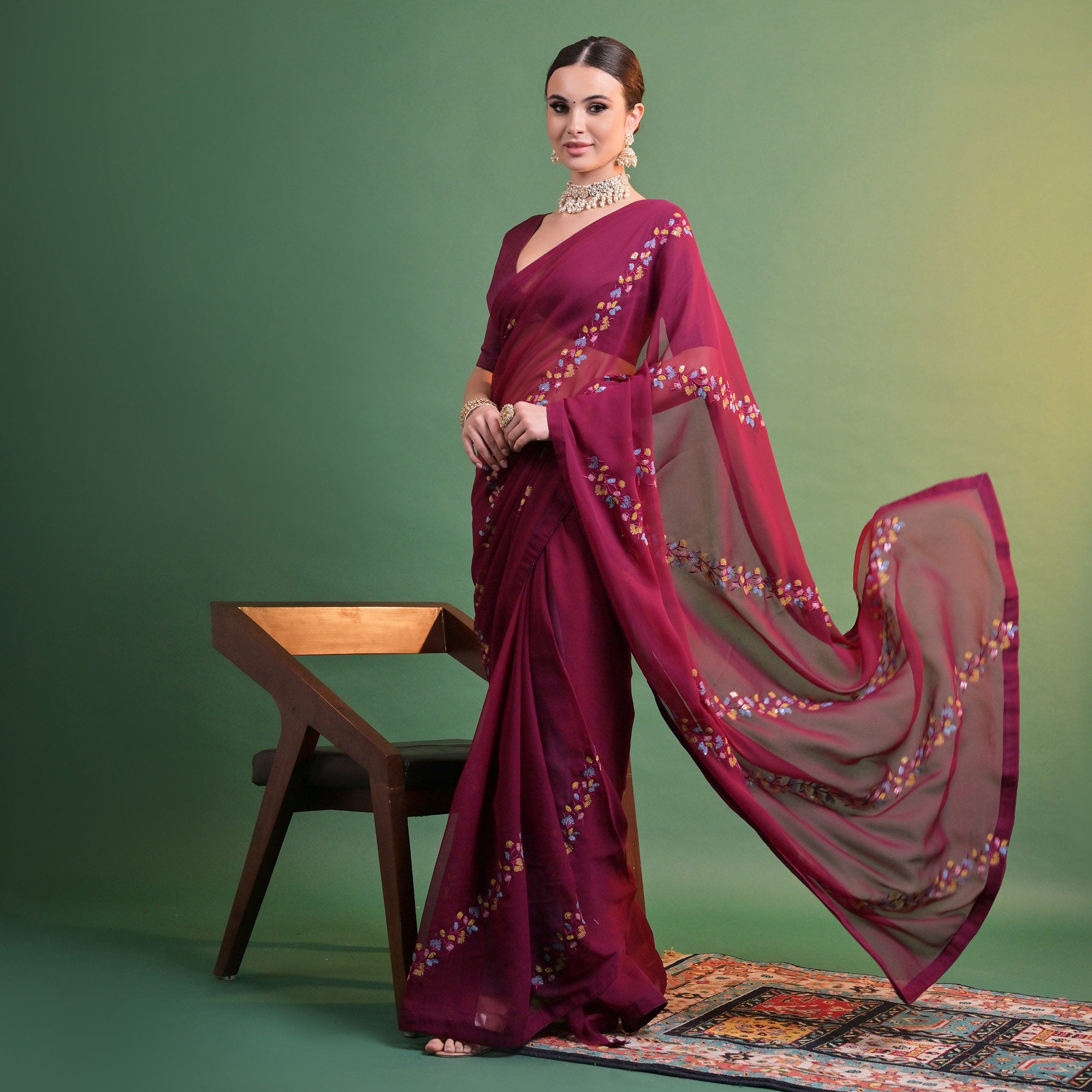 Maroon Floral Sequins Embroidered Georgette Saree
