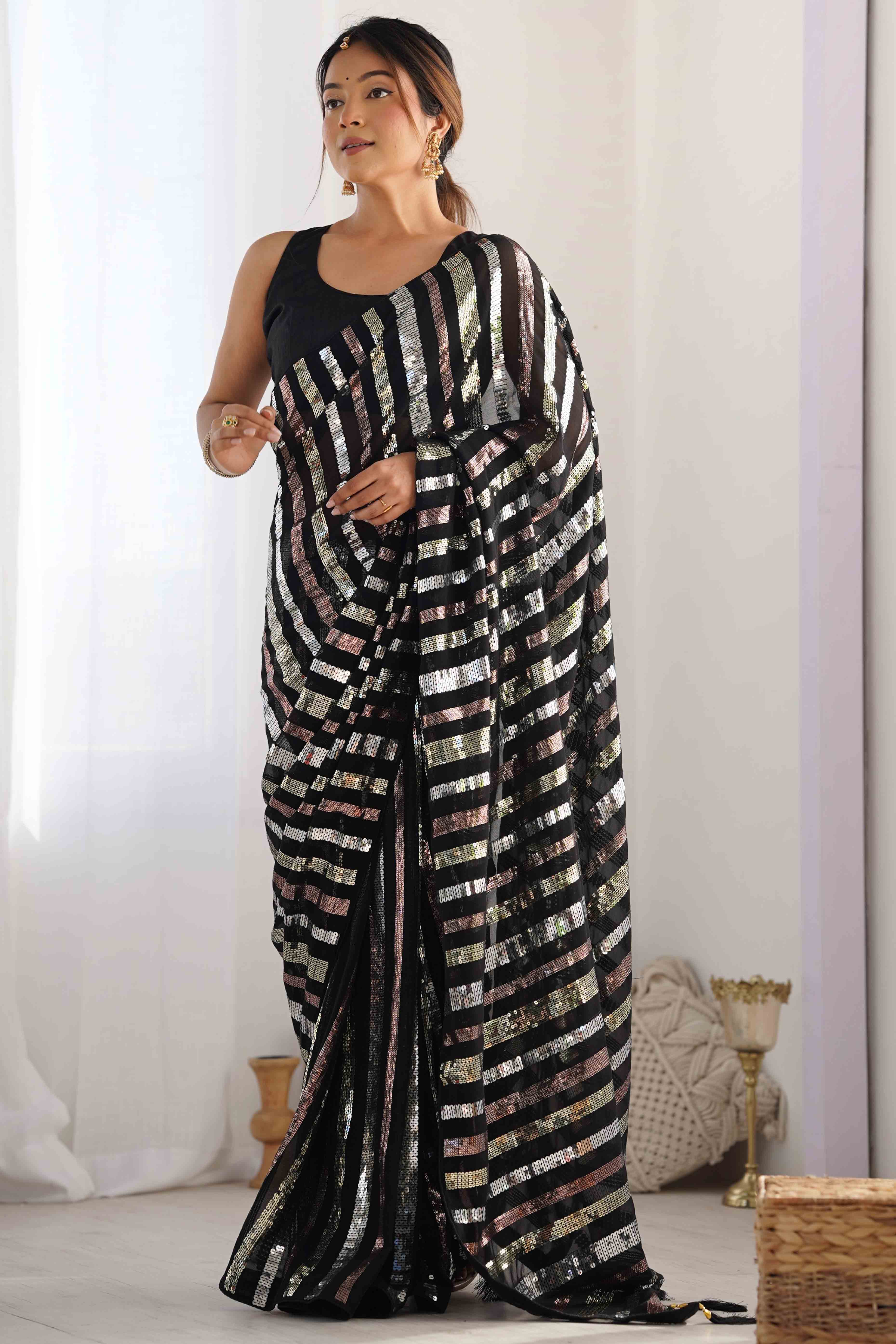 Black Sequins Embroidered Georgette Saree