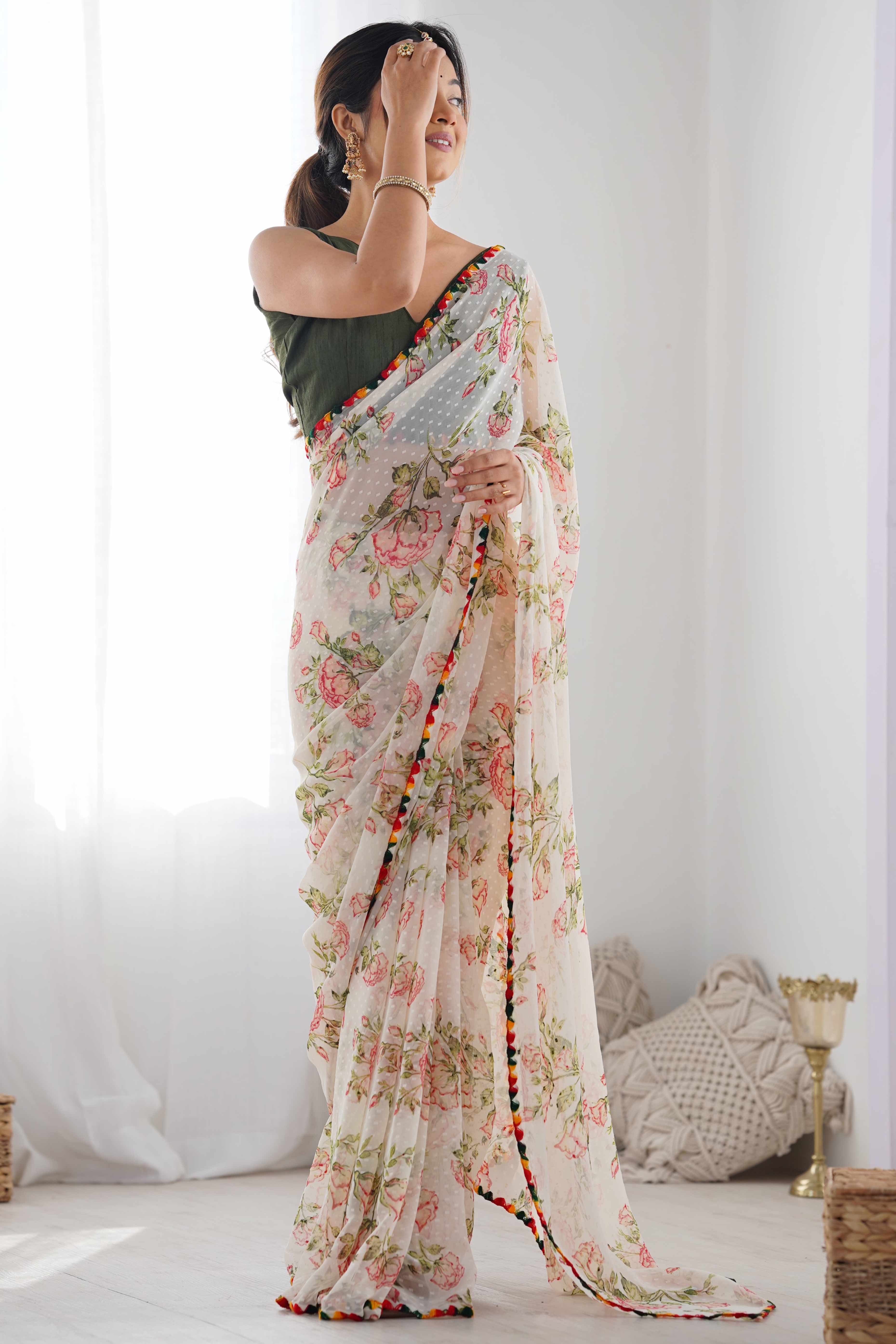 Off White Floral Printed Georgette Saree