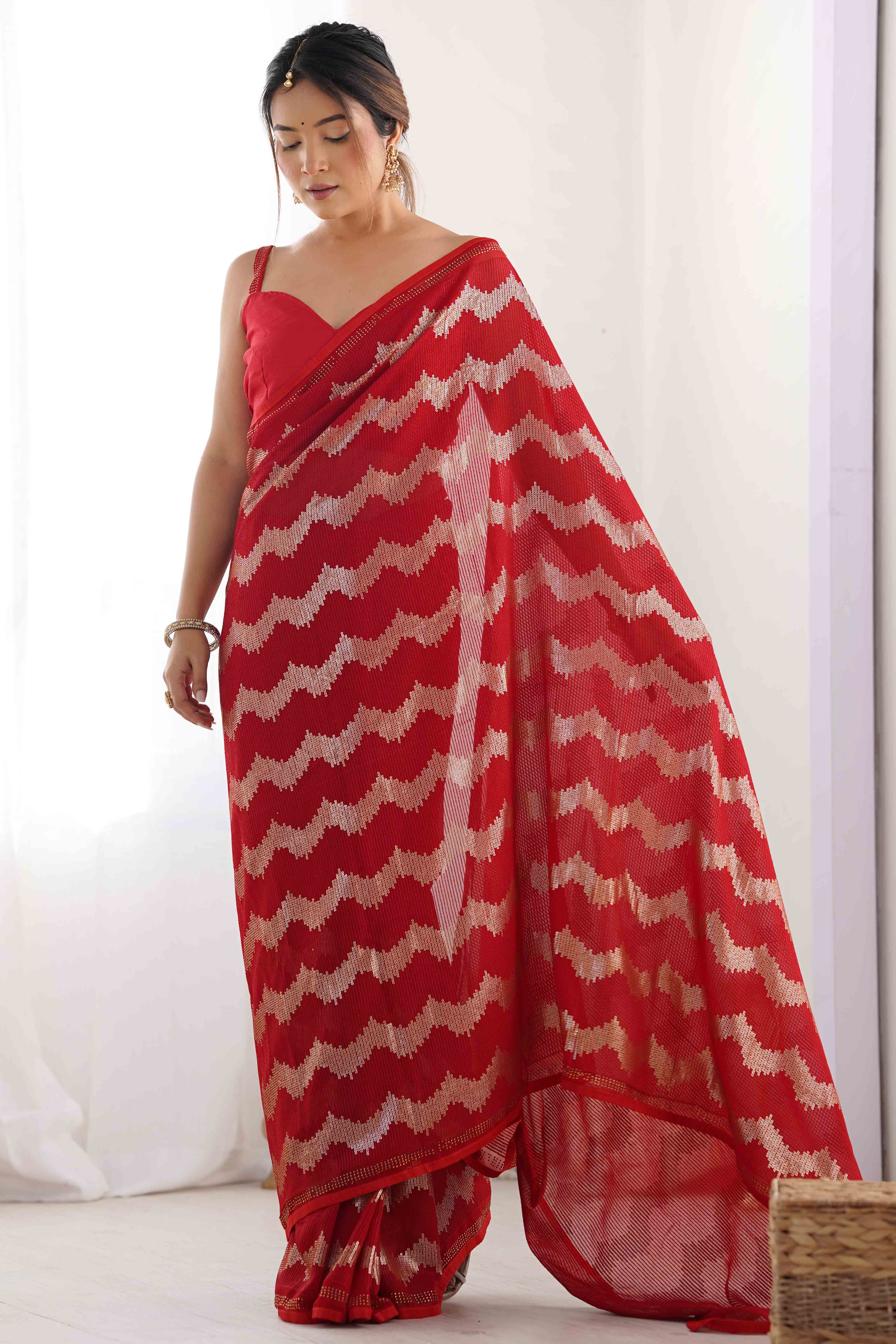 Red Sequins Embroidered Georgette Saree