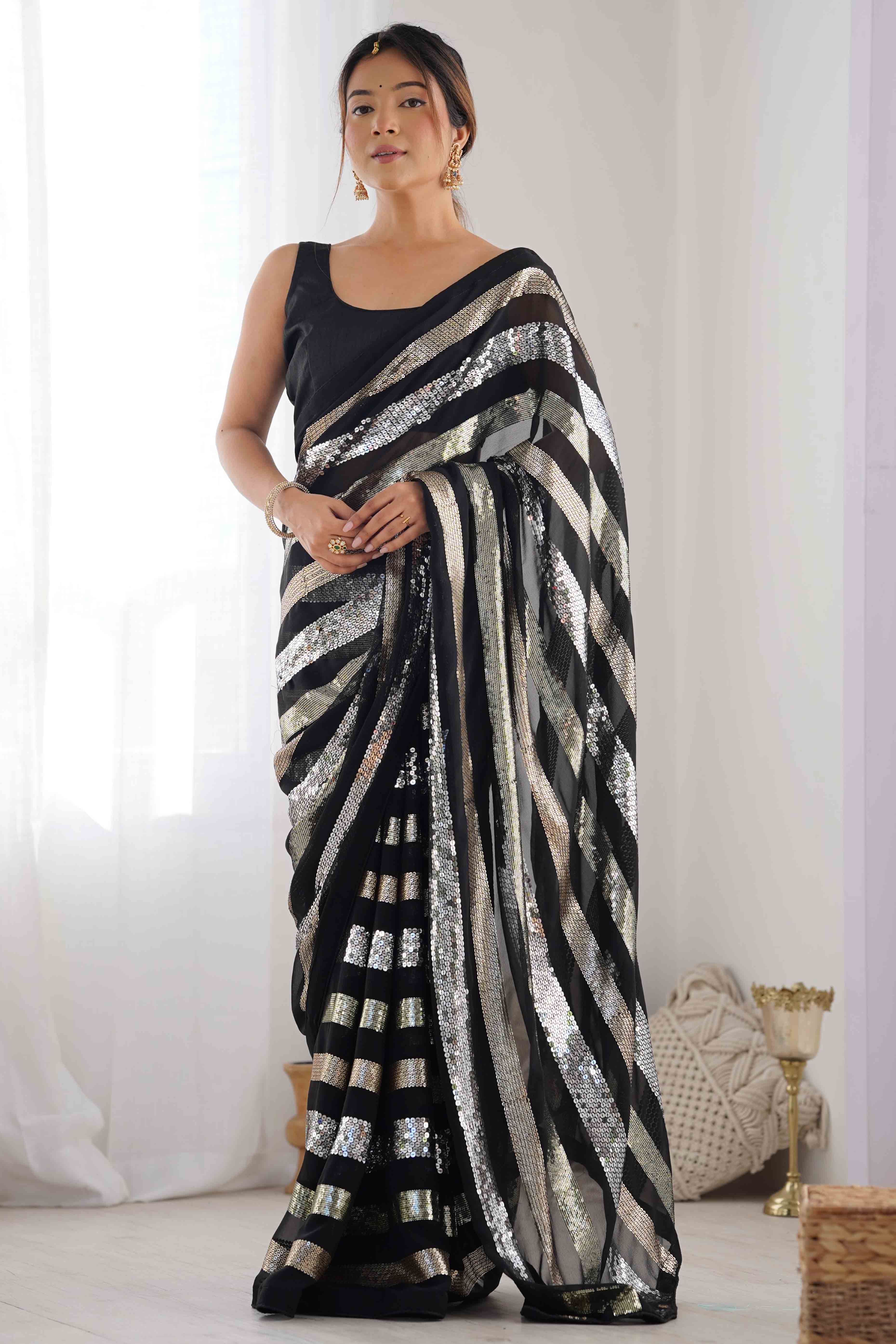 Black Sequins Embroidered Georgette Saree