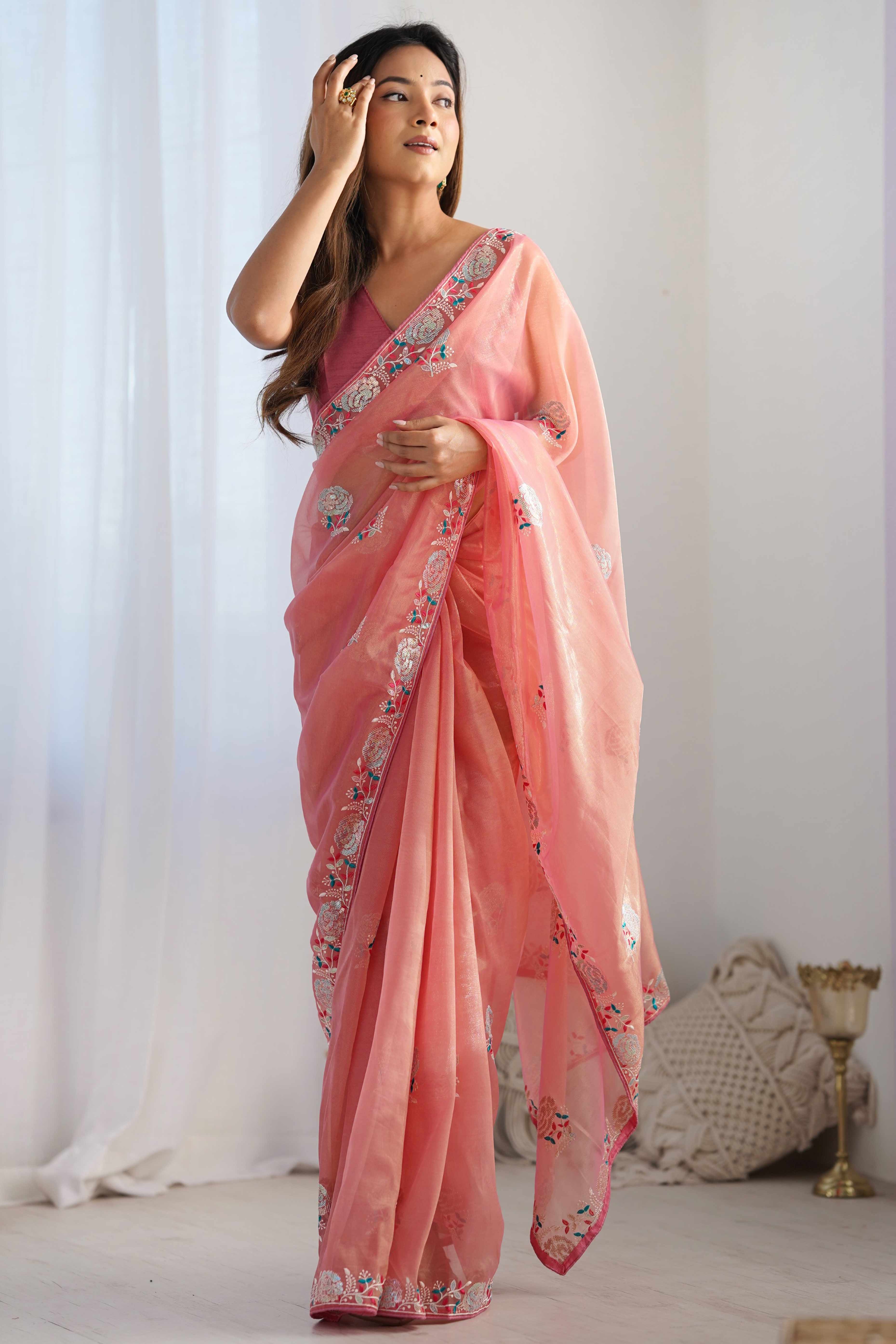 Peach Floral Embroidered Net Saree