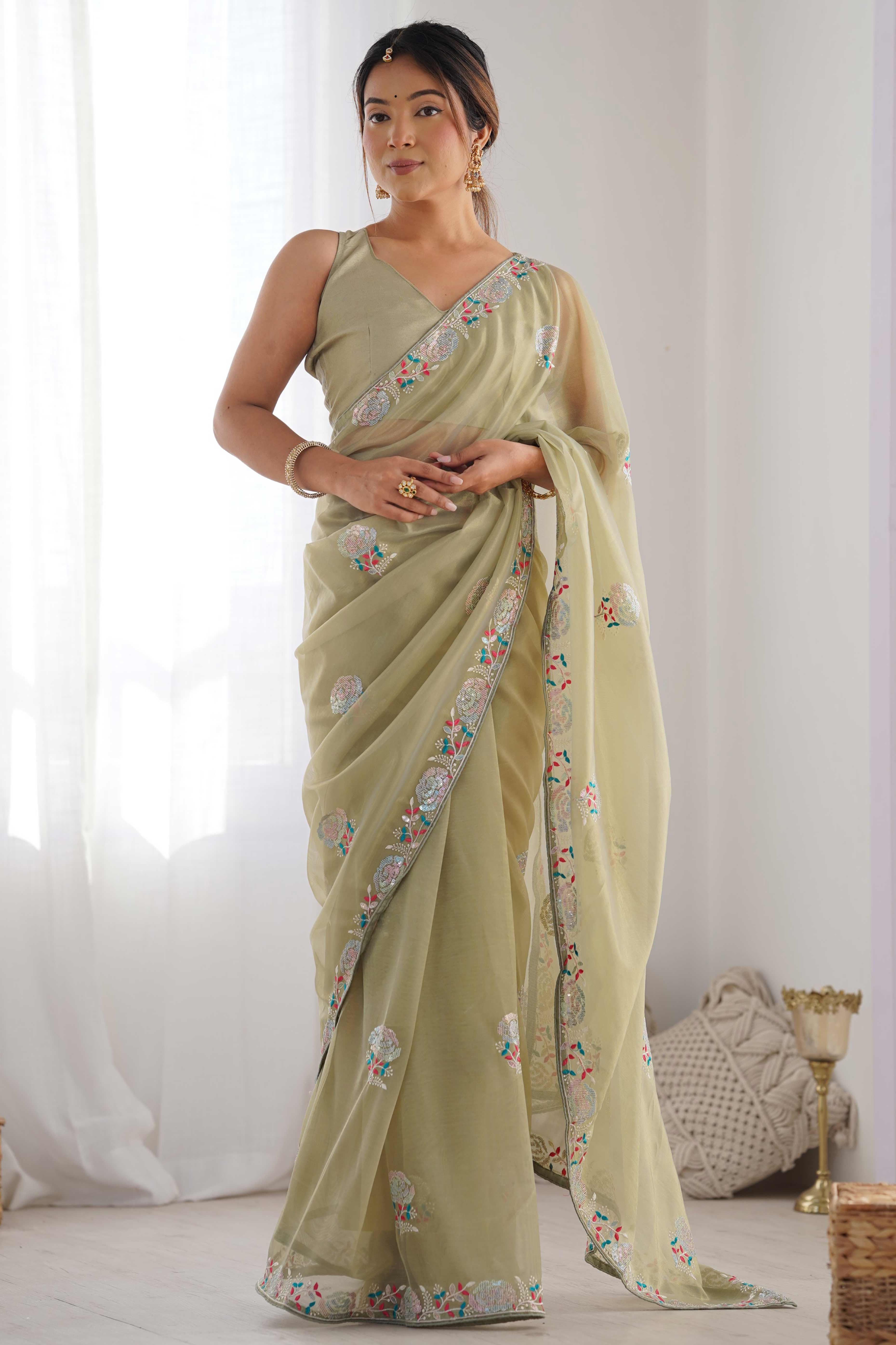 Green Floral Embroidered Net Saree