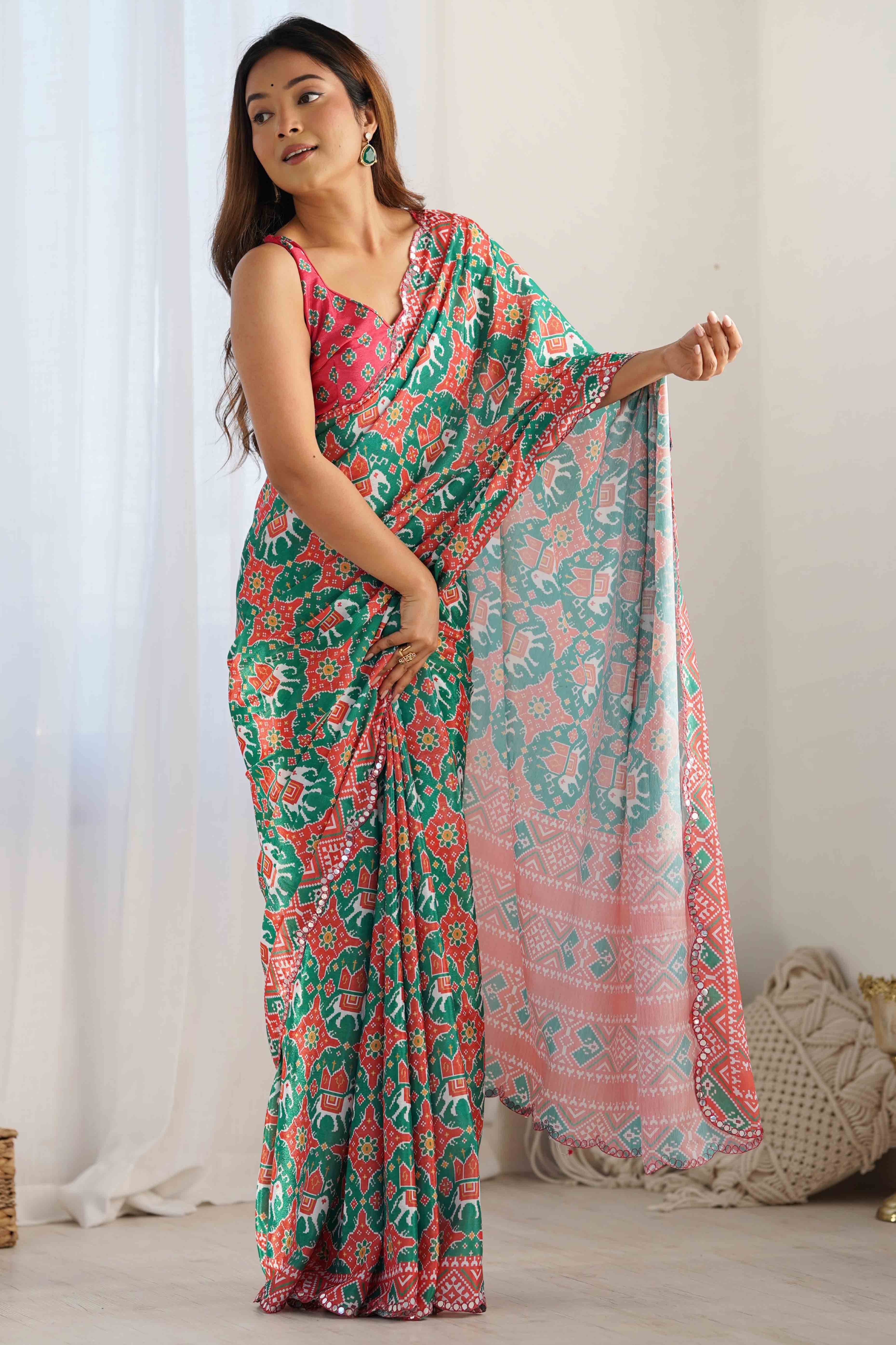 Rama Green Patola Printed Chinon Saree