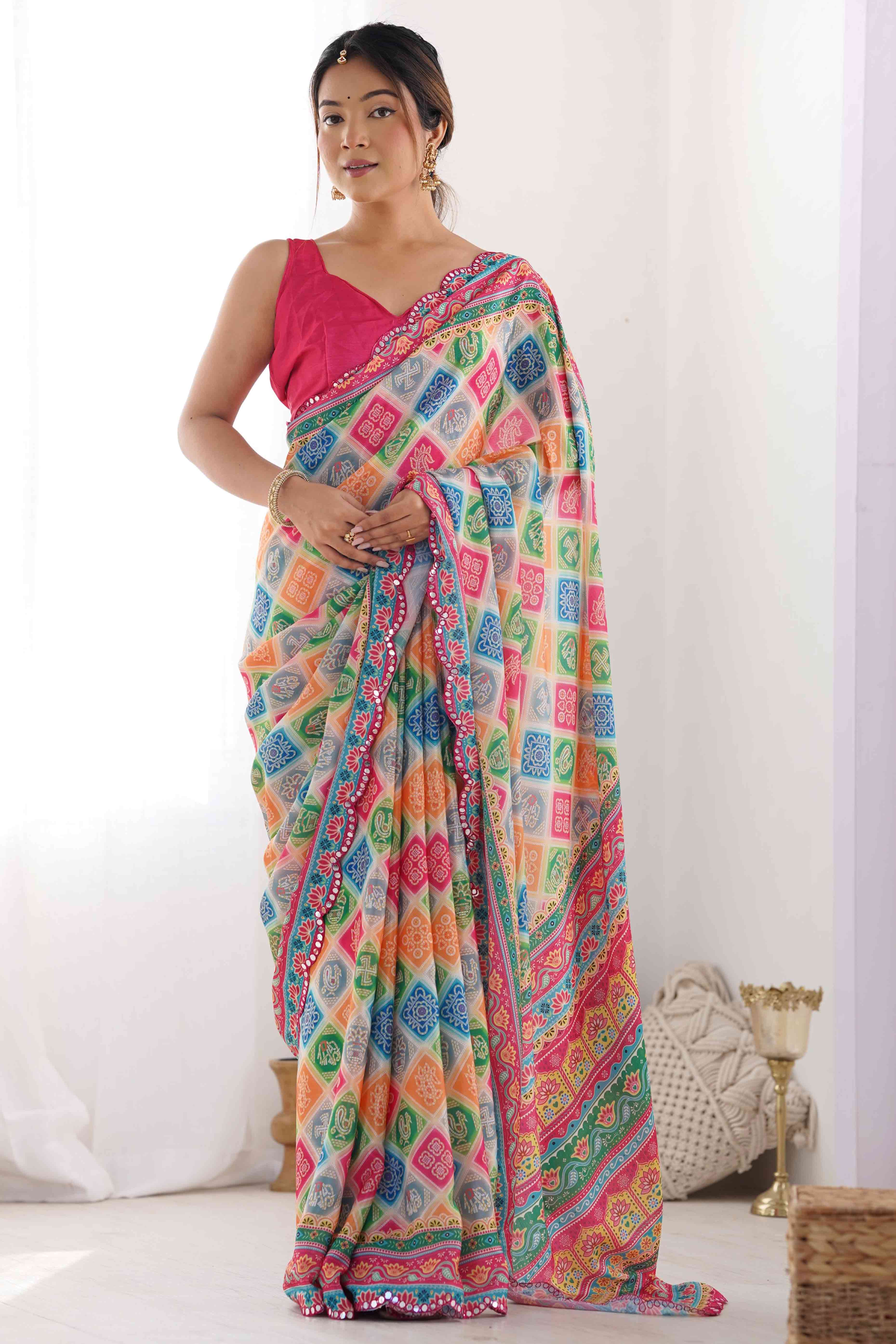 Multicolor Bandhani Printed Chinon Saree