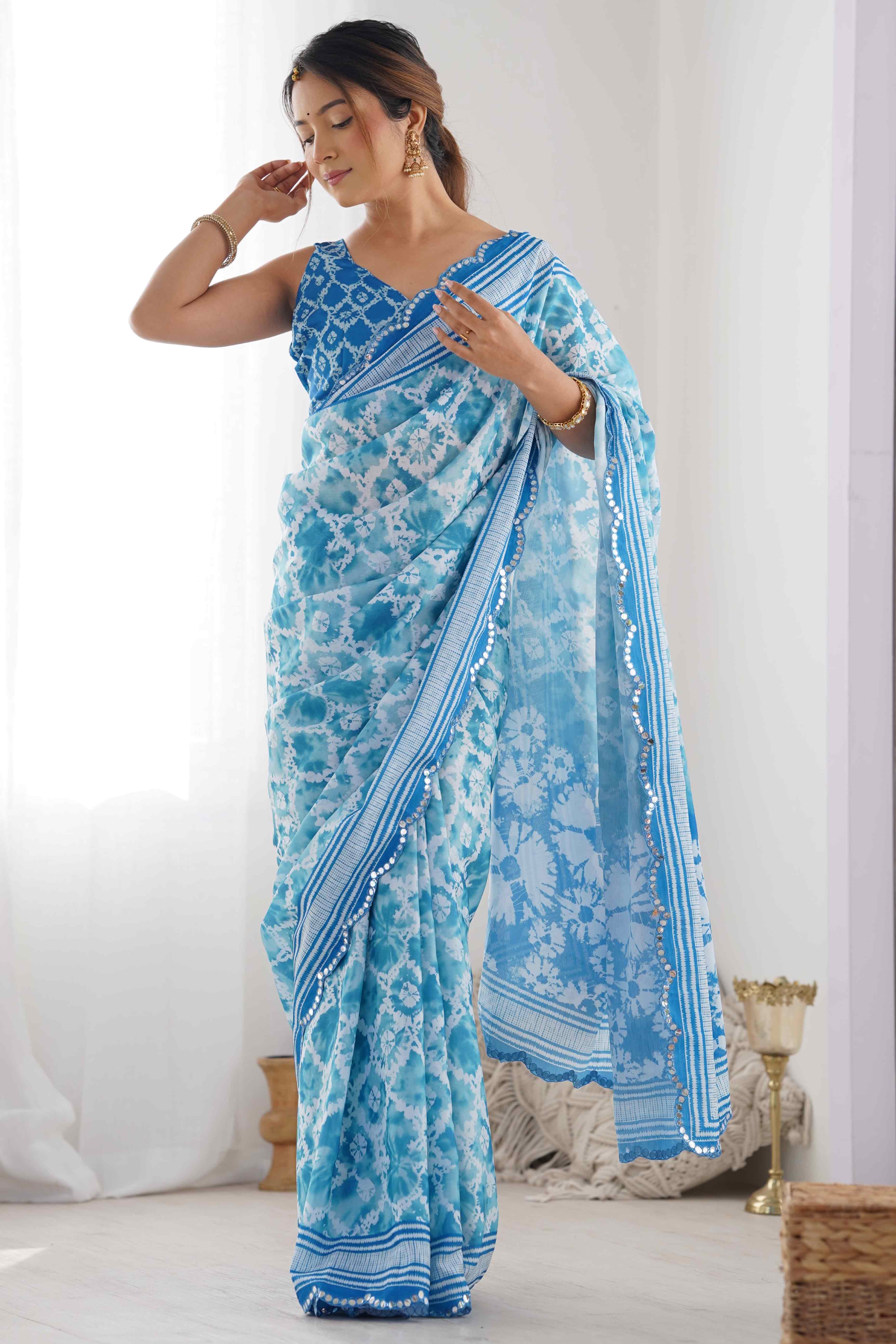 Blue Tie Dye Printed Chinon Saree