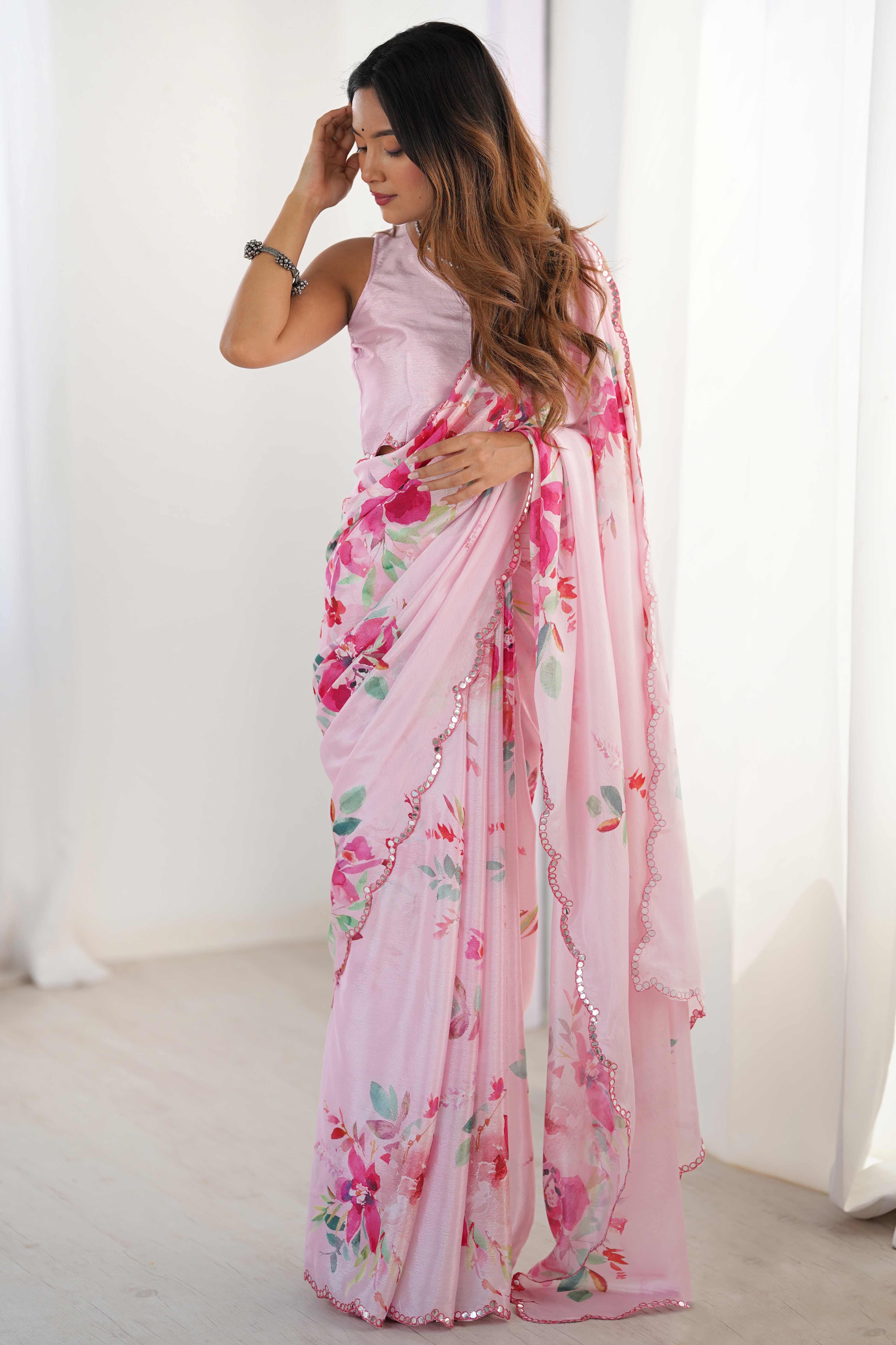 Pink Floral Printed Chinon Saree With Shimmering Mirror Detailing