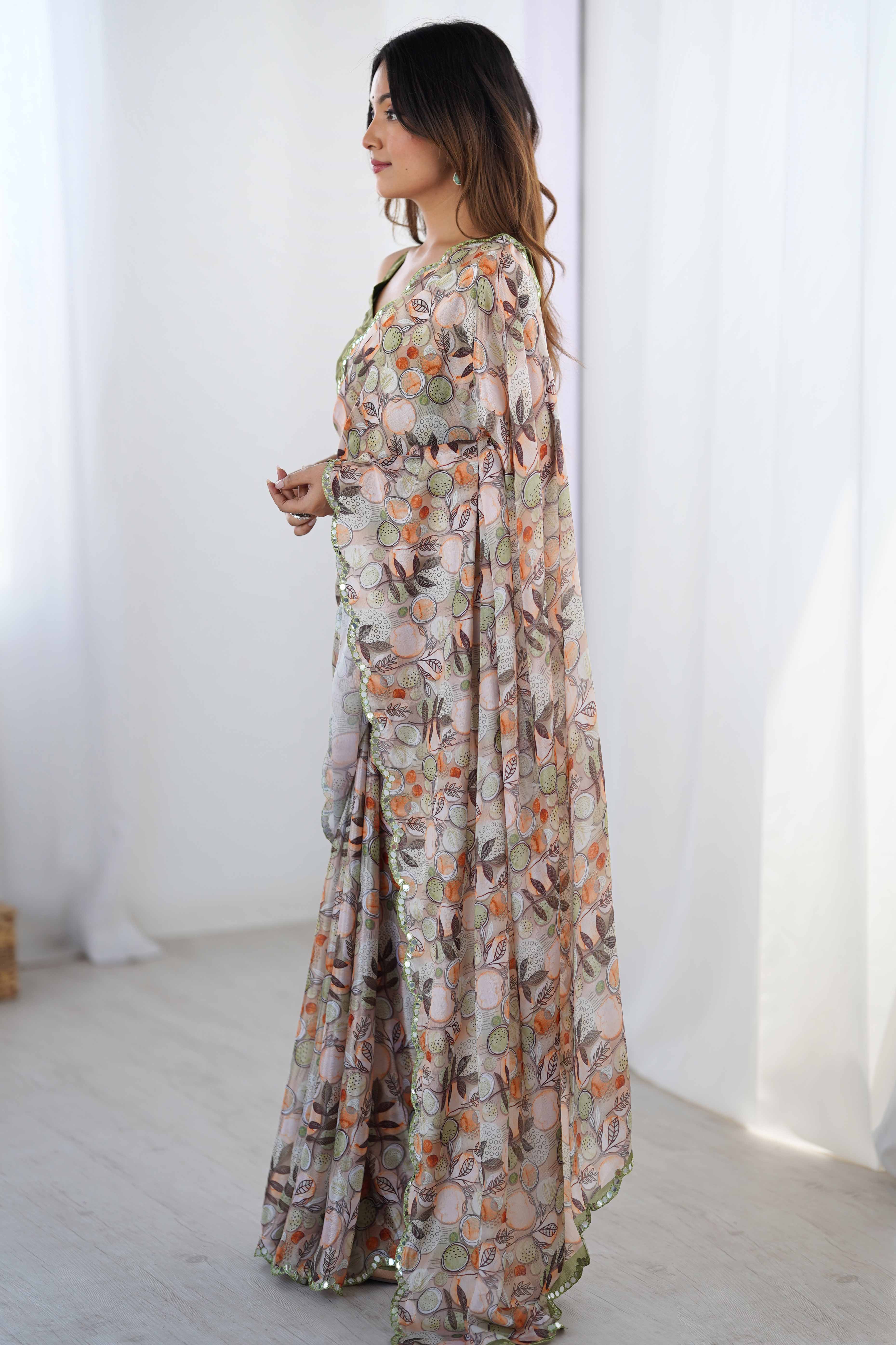 Light Grey Chinon Saree with Glimmering Mirror Work and Floral Prints