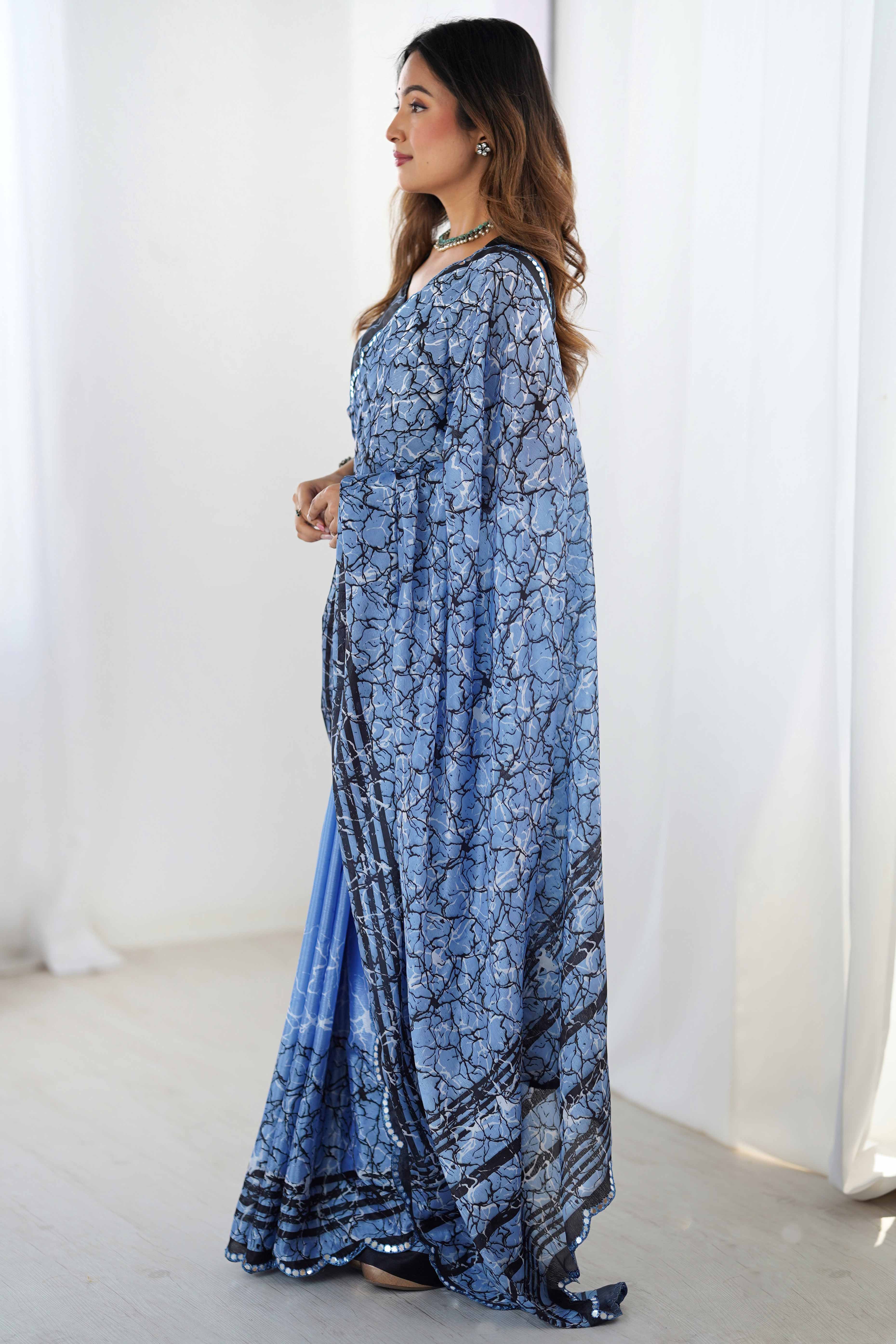Blue Chinon Saree with Glimmering Kutchi Mirror Work and Print