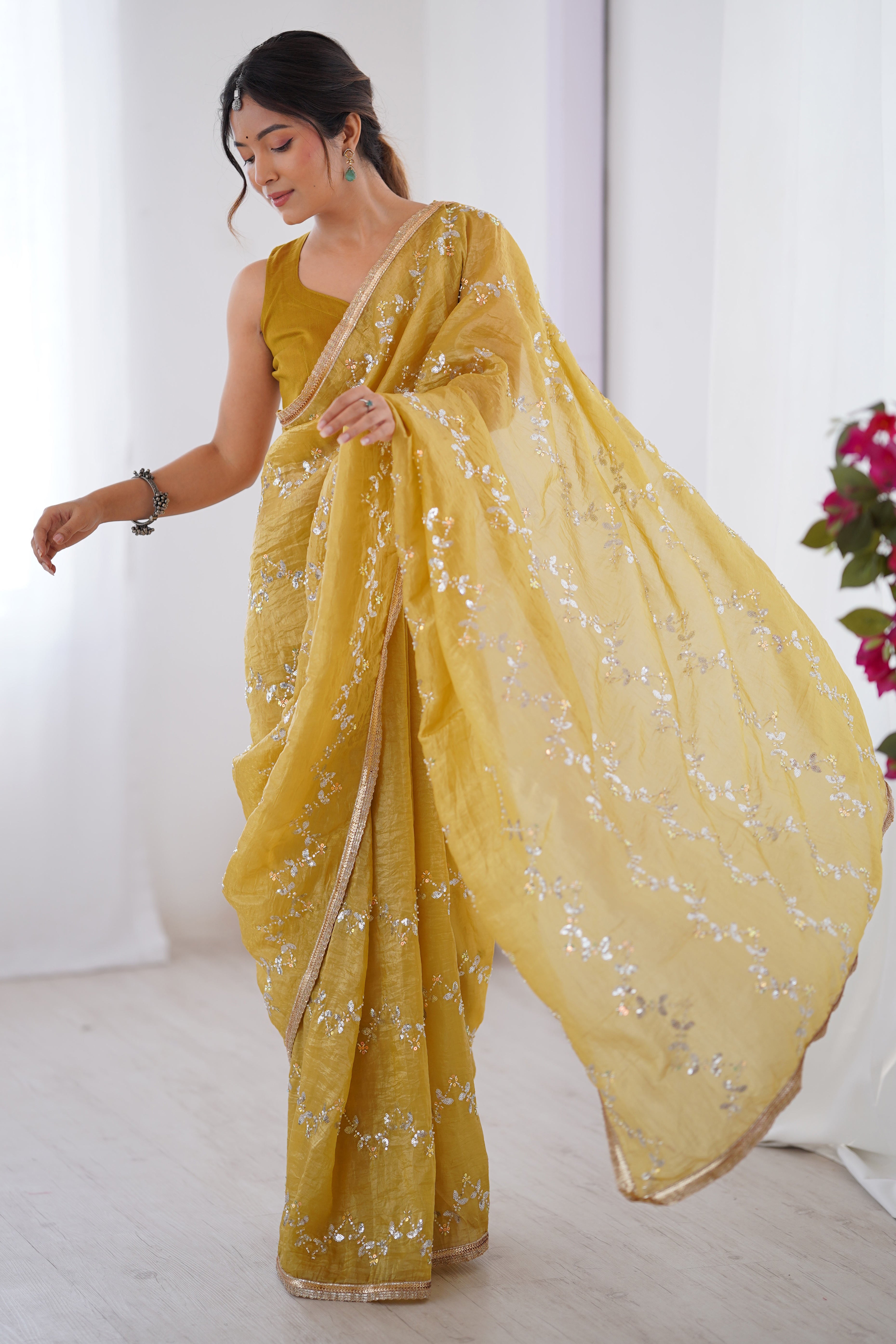Dazzling Mustard Yellow Organza Saree Accented with Sequin, Bead & Stone Work and Delicate Lace Detailing