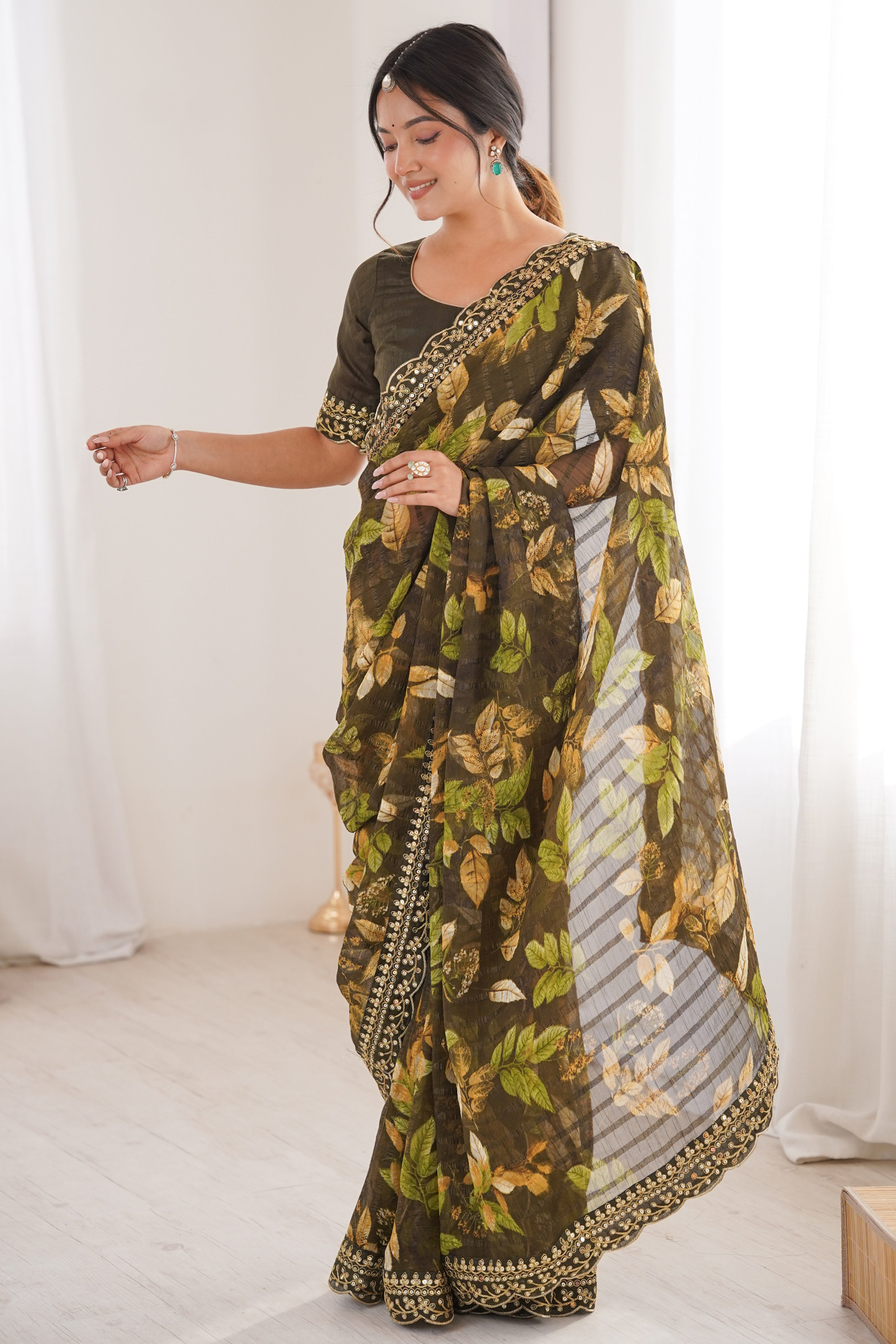 Elegant Green Leaf & Floral Print Georgette Saree With Intricate Cording Sequins Embroidery Border