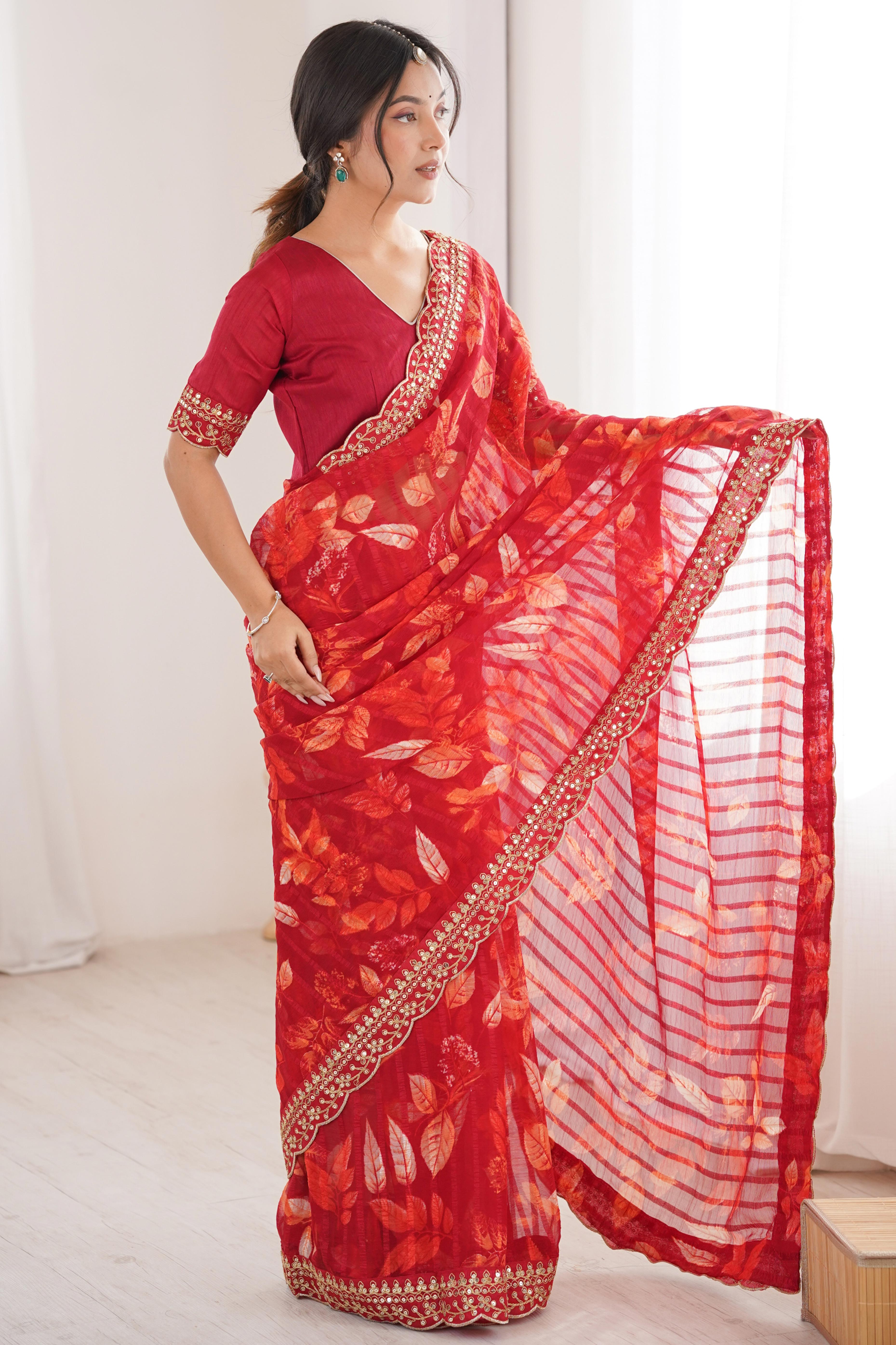 Elegant Red Leaf & Floral Print Georgette Saree With Intricate Cording Sequins Embroidery Border