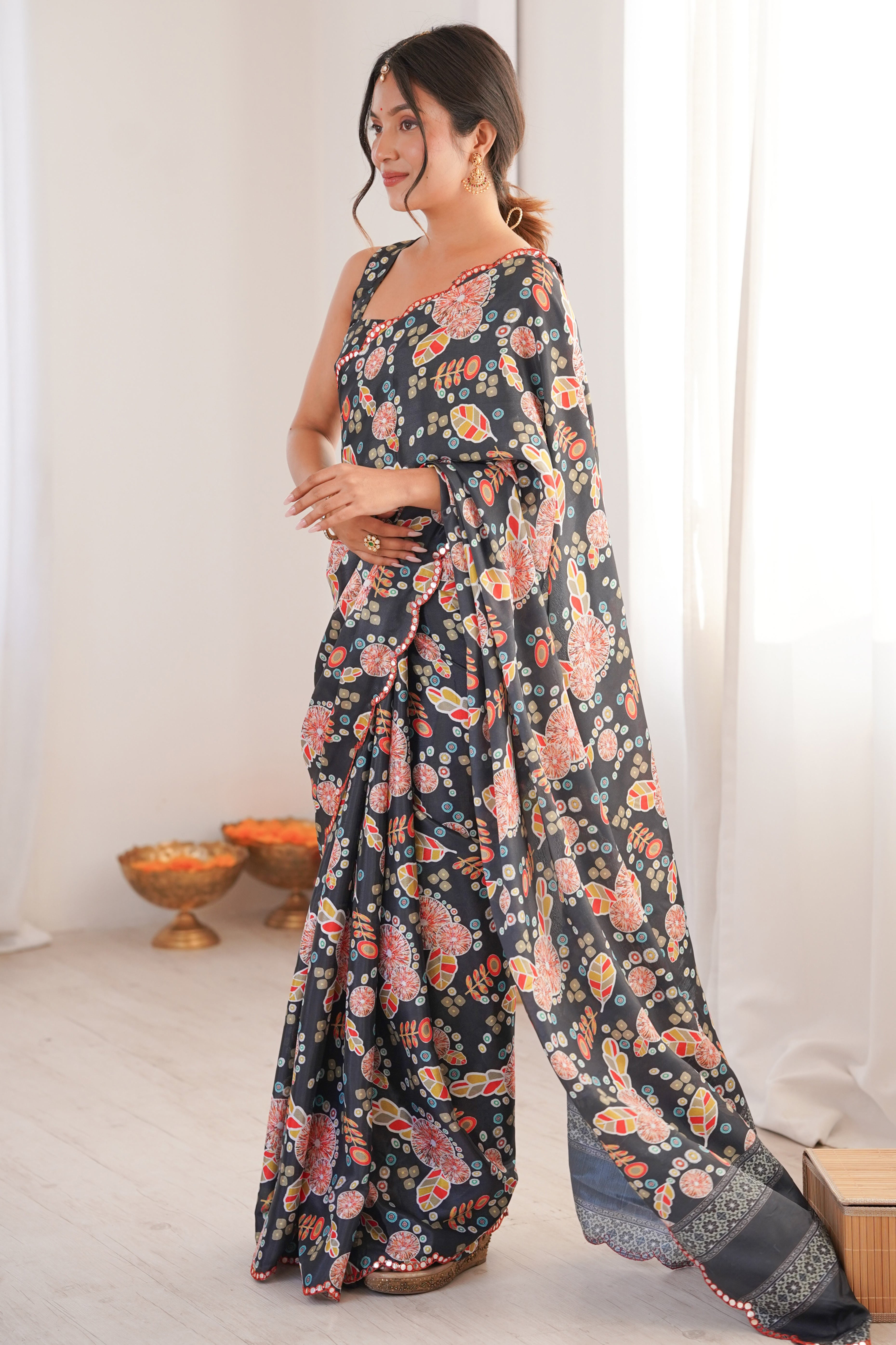 Chic Black Leaf & Floral Motif Digital Printed Chinon Saree With Delicate Embroidered Border