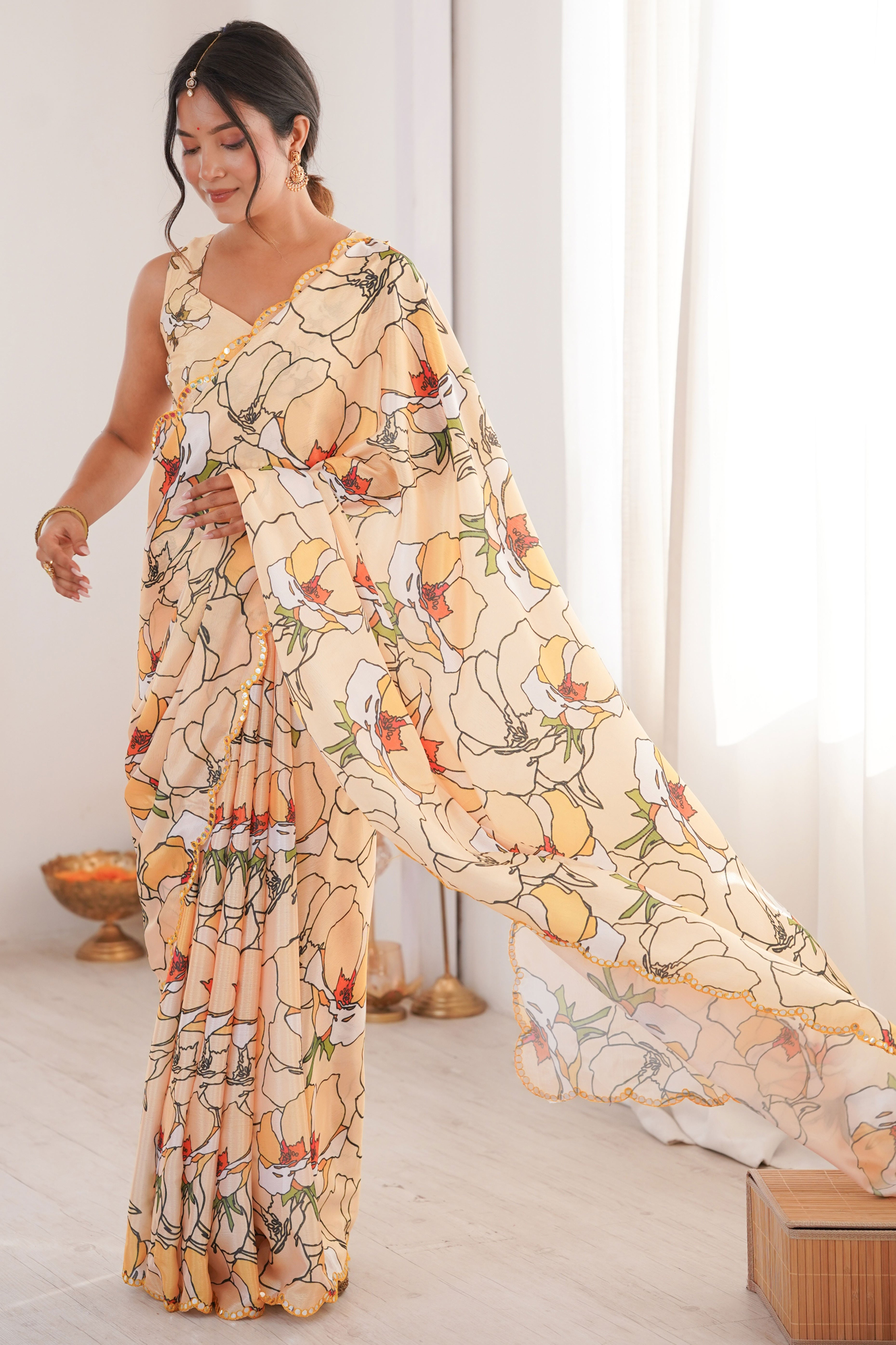 Contemporary Cream Floral Digital Printed Chinon Saree Showcasing Fine Embroidered Border Detailing