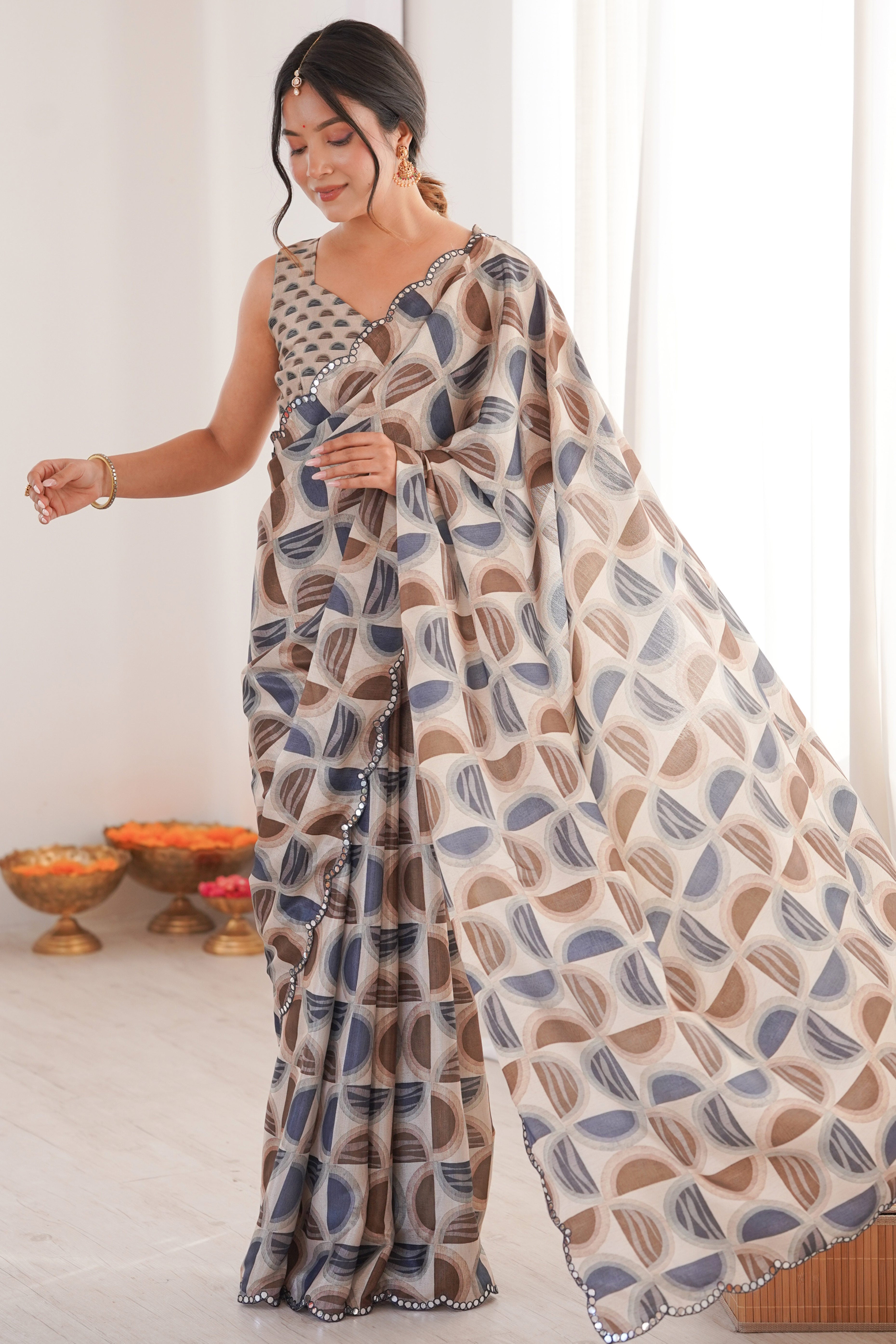 Timeless Multicolor Geometric Digital Printed Chinon Saree With Refined Embroidered Border Accents