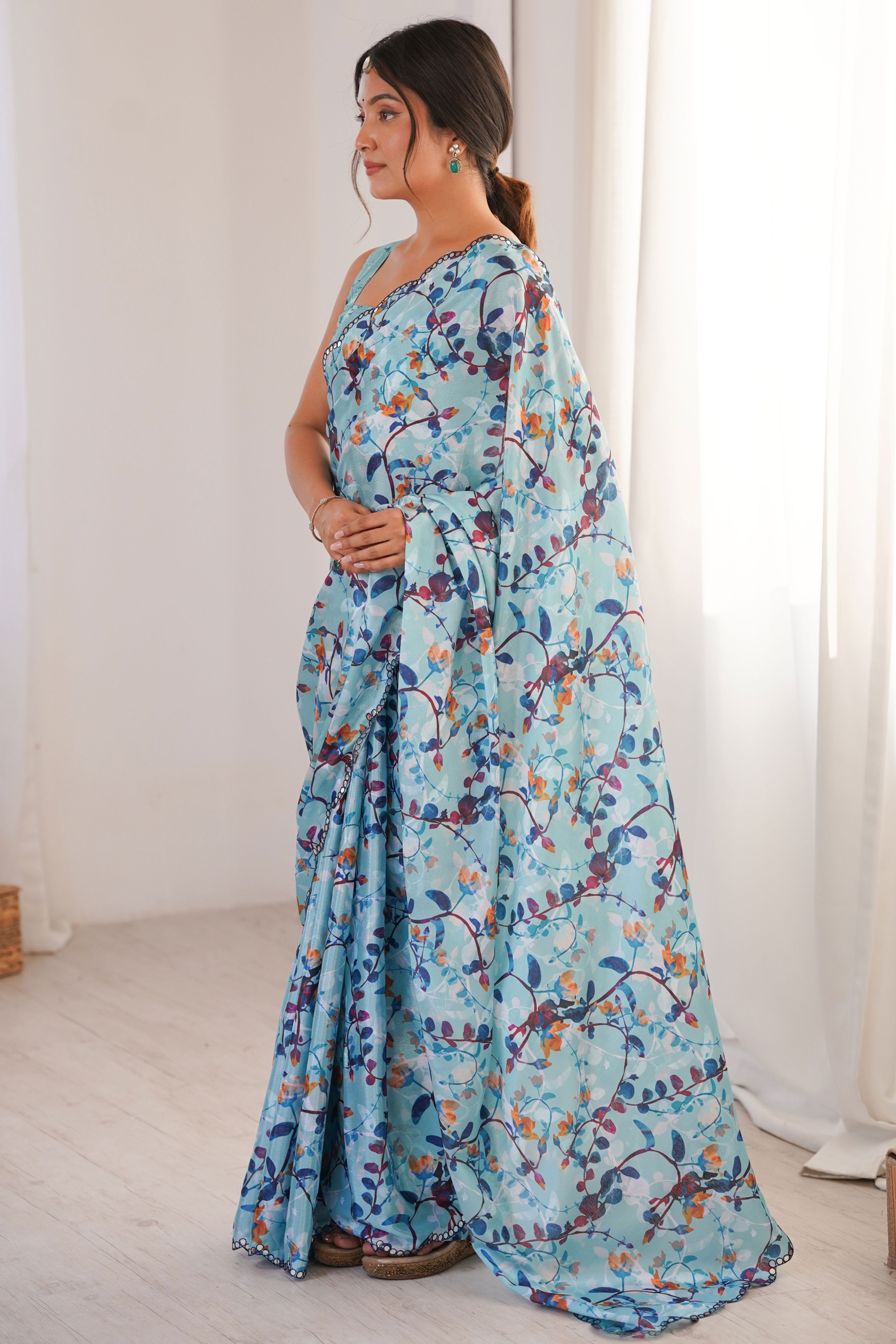 Soft Sky Blue Floral Digital Printed Chinon Saree Enhanced With Premium Embroidered Border Work