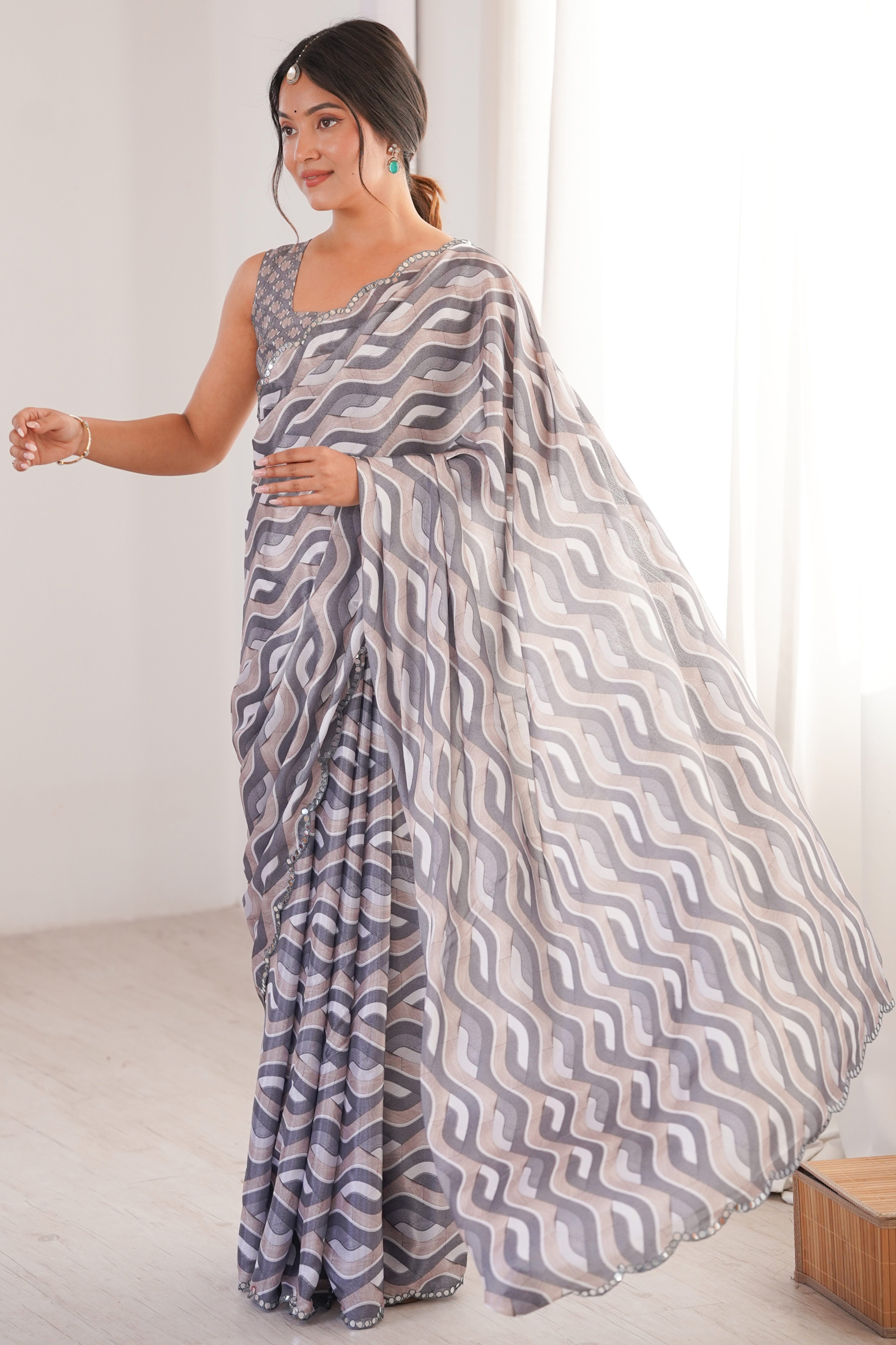 Elegant Grey Zig Zag Digital Printed Chinon Saree Accented With Intricate Embroidered Border