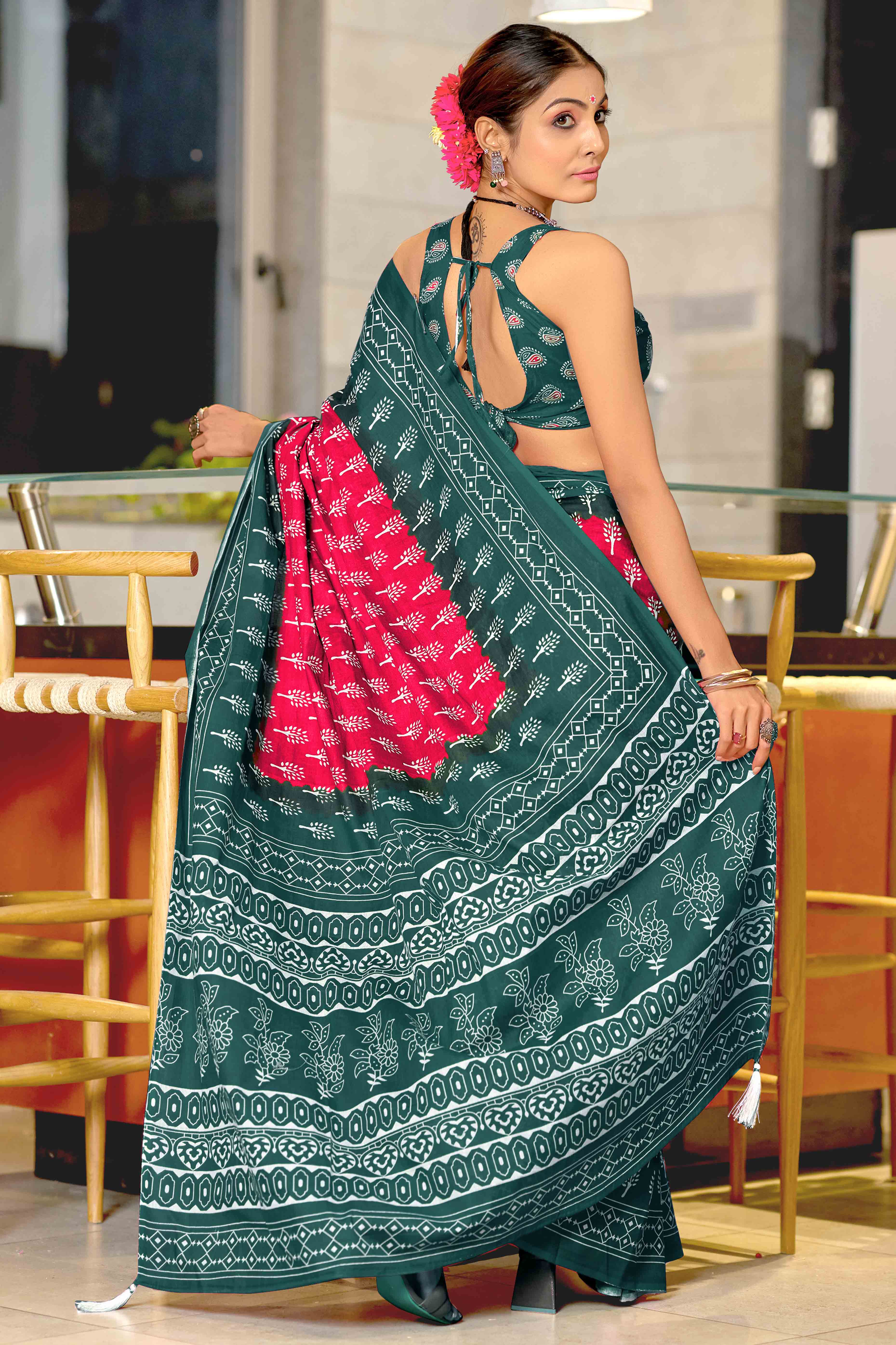 Teal Blue & Pink Soft Cotton Saree with Charming Floral Design