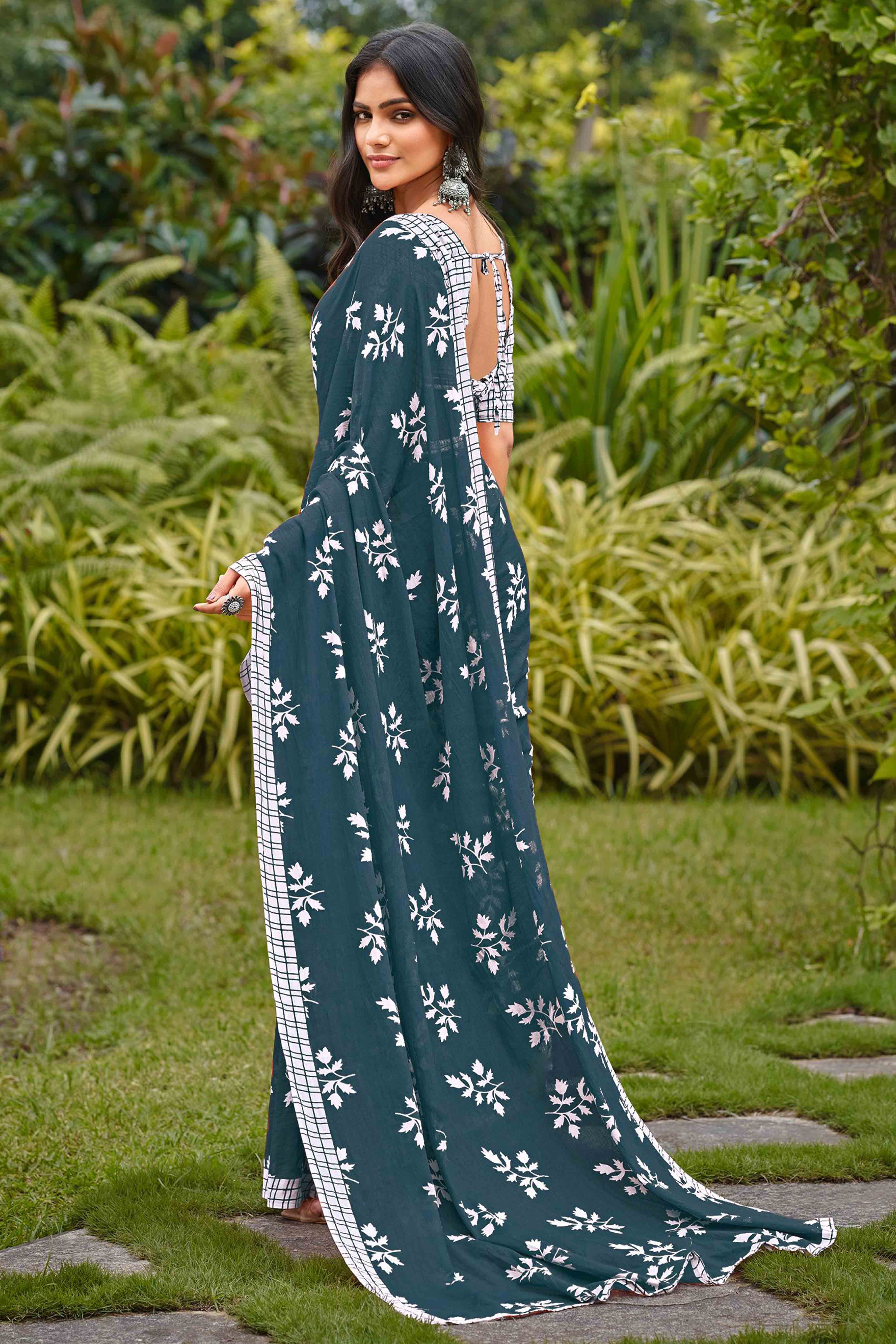 Dark Grey Floral Printed Fancy Light Weight Cotton Saree