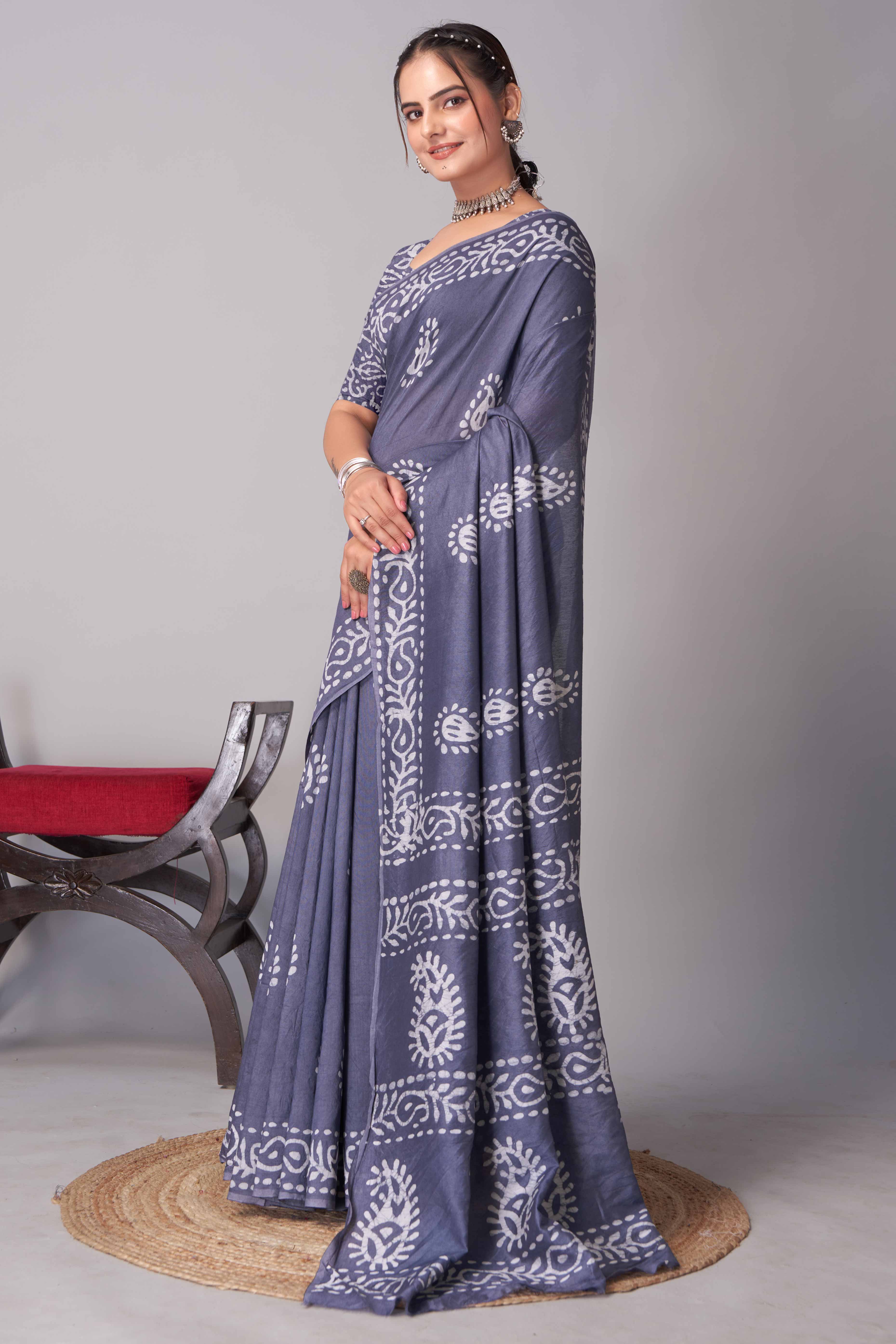 Grey Batik Printed Chanderi Cotton Silk Saree