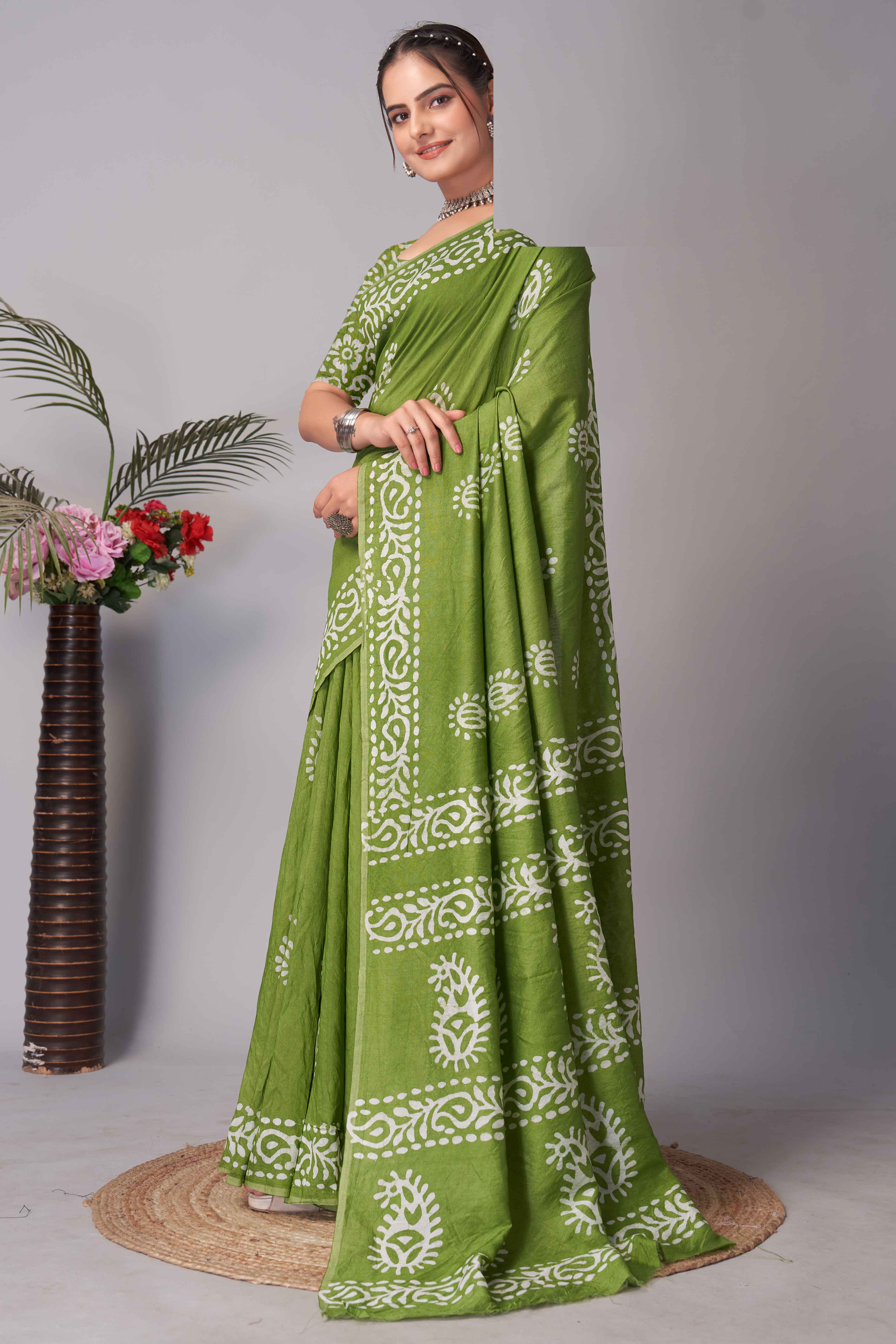 Parrot Green Batik Printed Chanderi Cotton Silk Saree