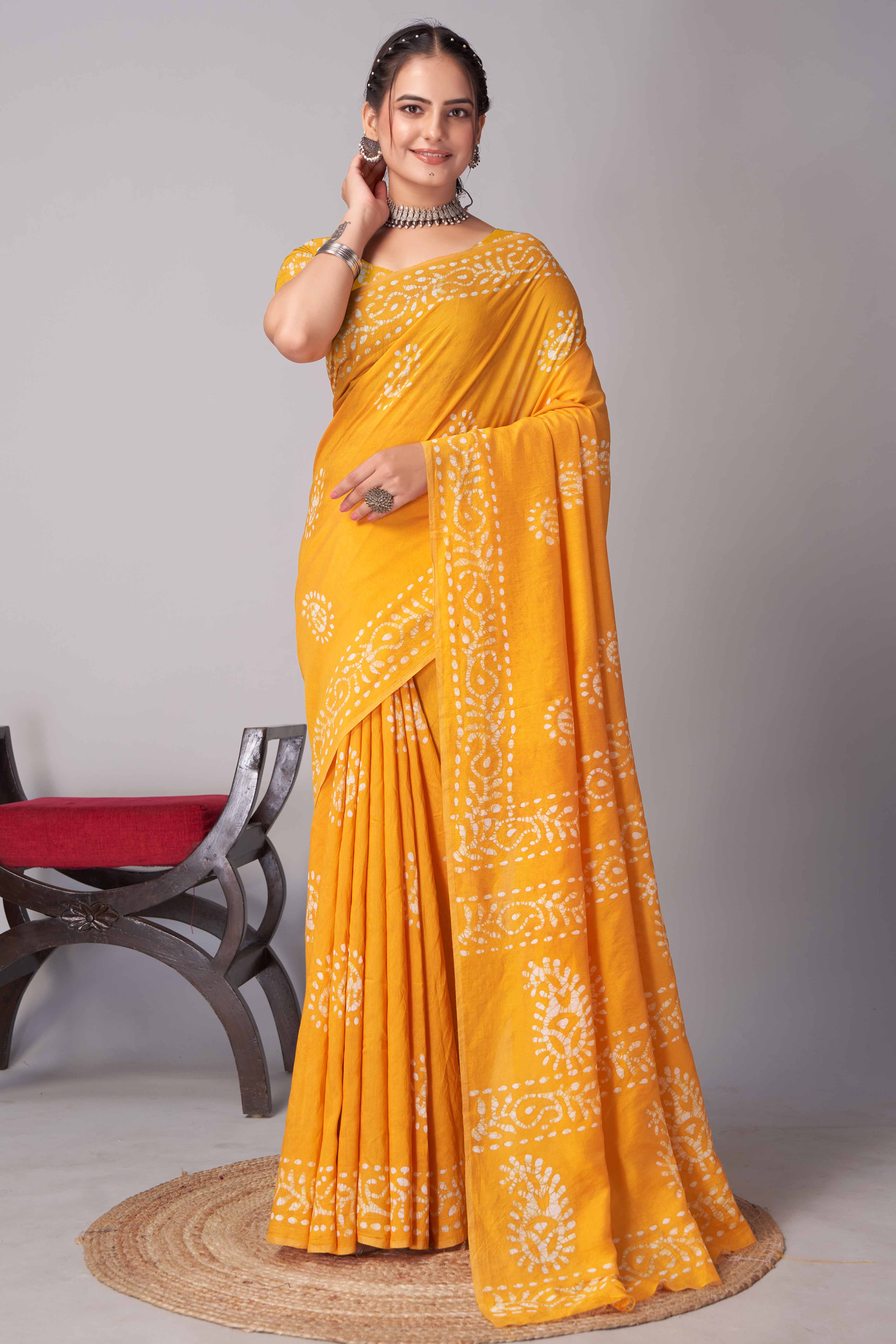 Yellow Batik Printed Chanderi Cotton Silk Saree