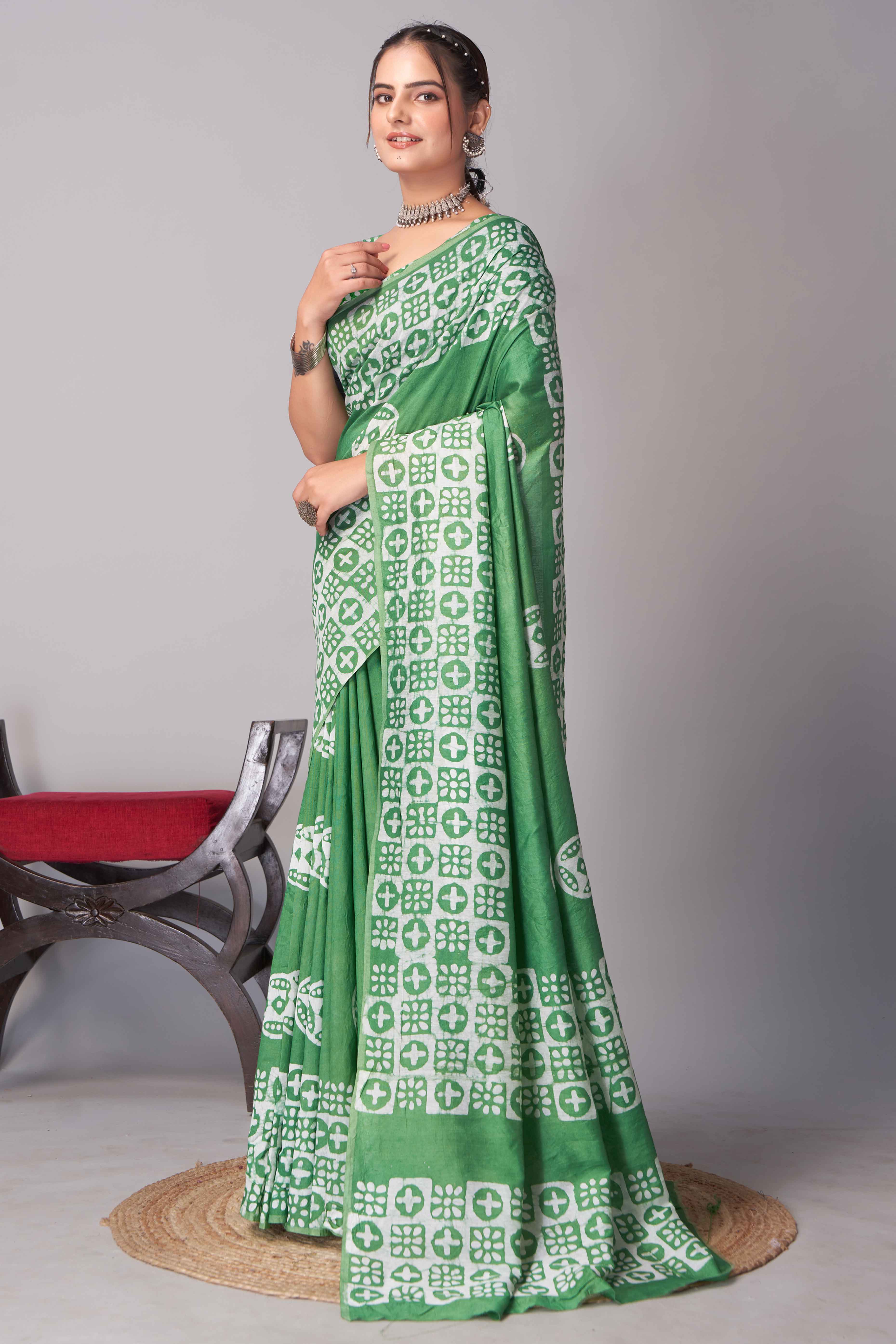 Green Batik Printed Chanderi Cotton Silk Saree