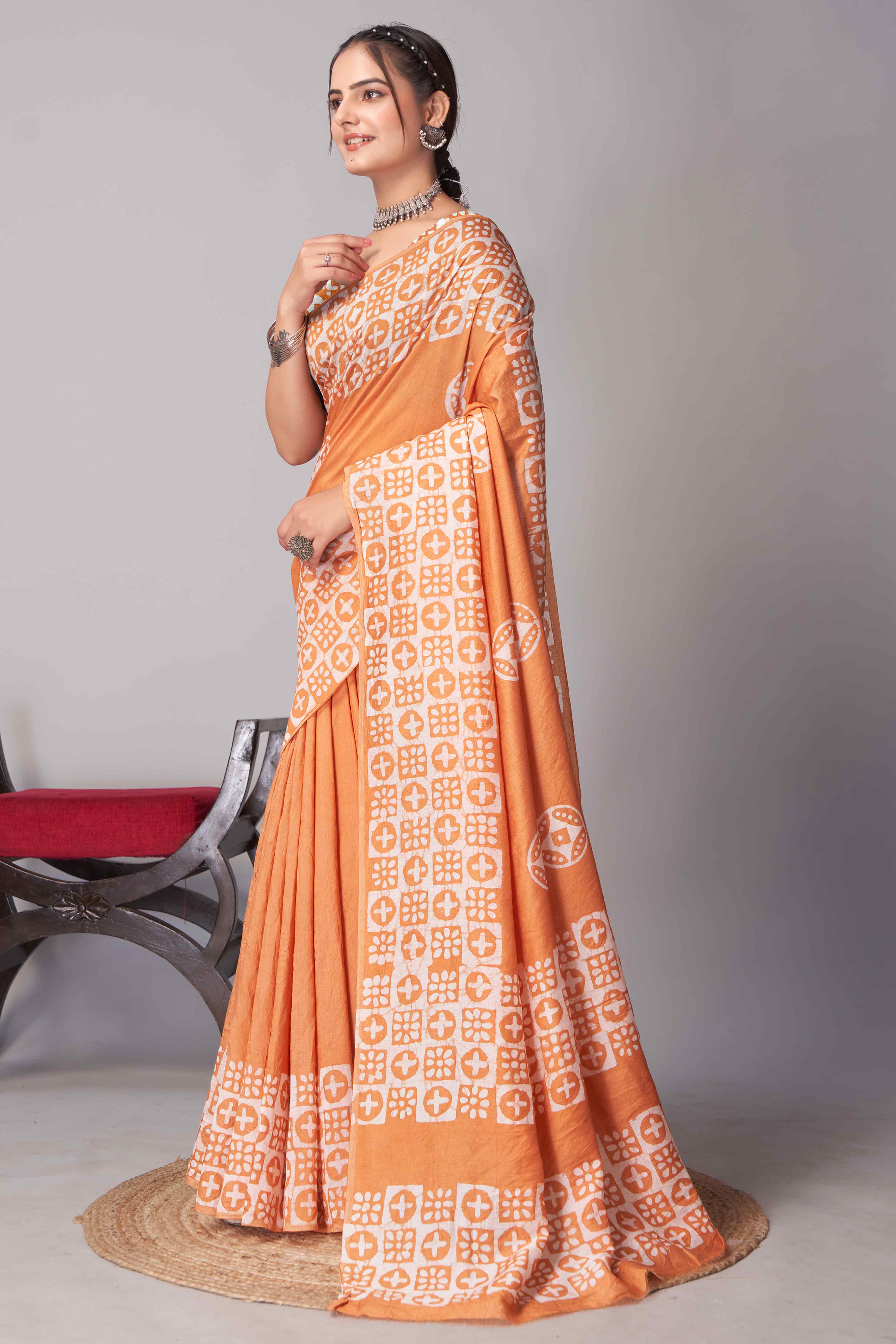Orange Batik Printed Chanderi Cotton Silk Saree
