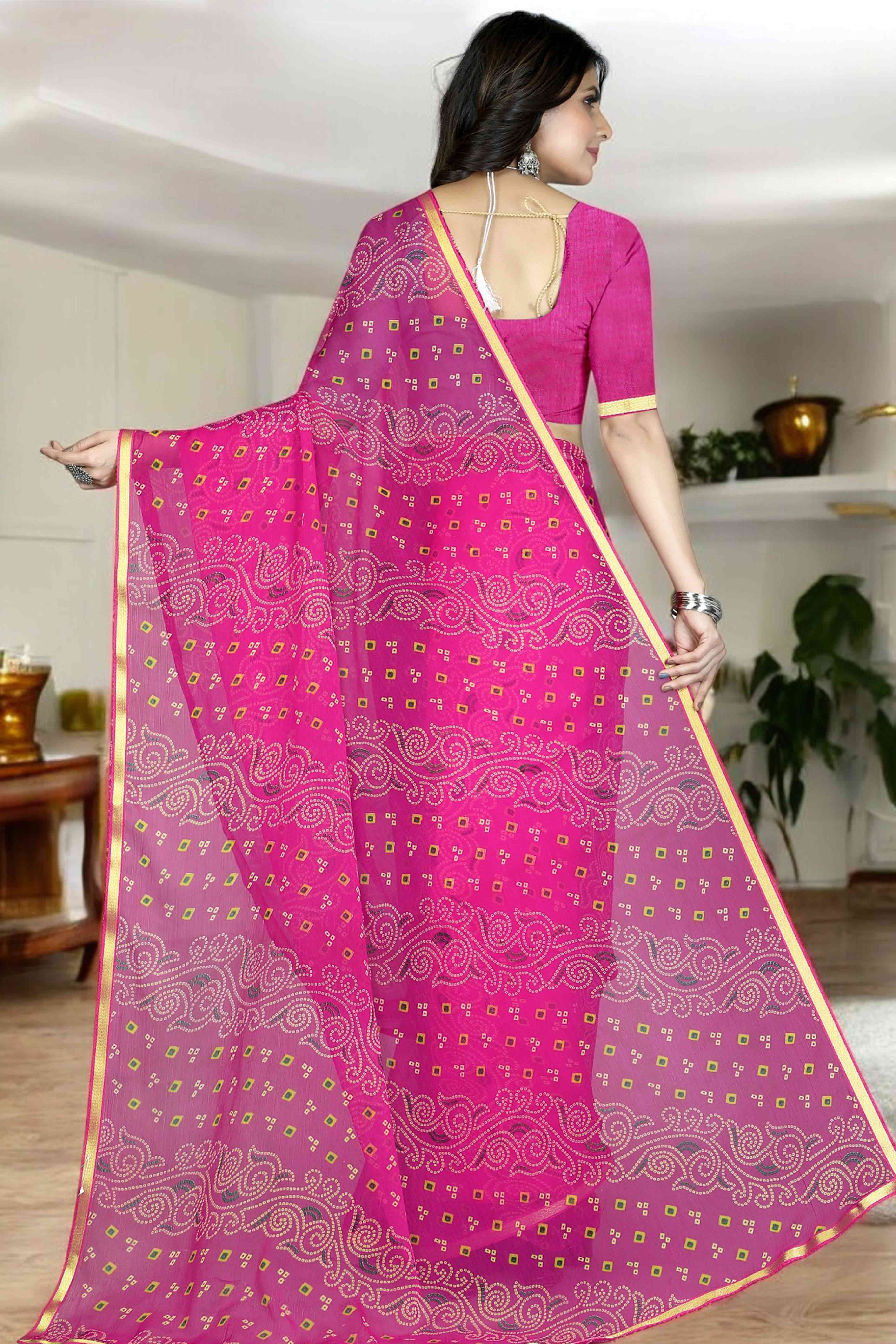 Rani Pink Bandhani Printed Chiffon Saree With Lace Border