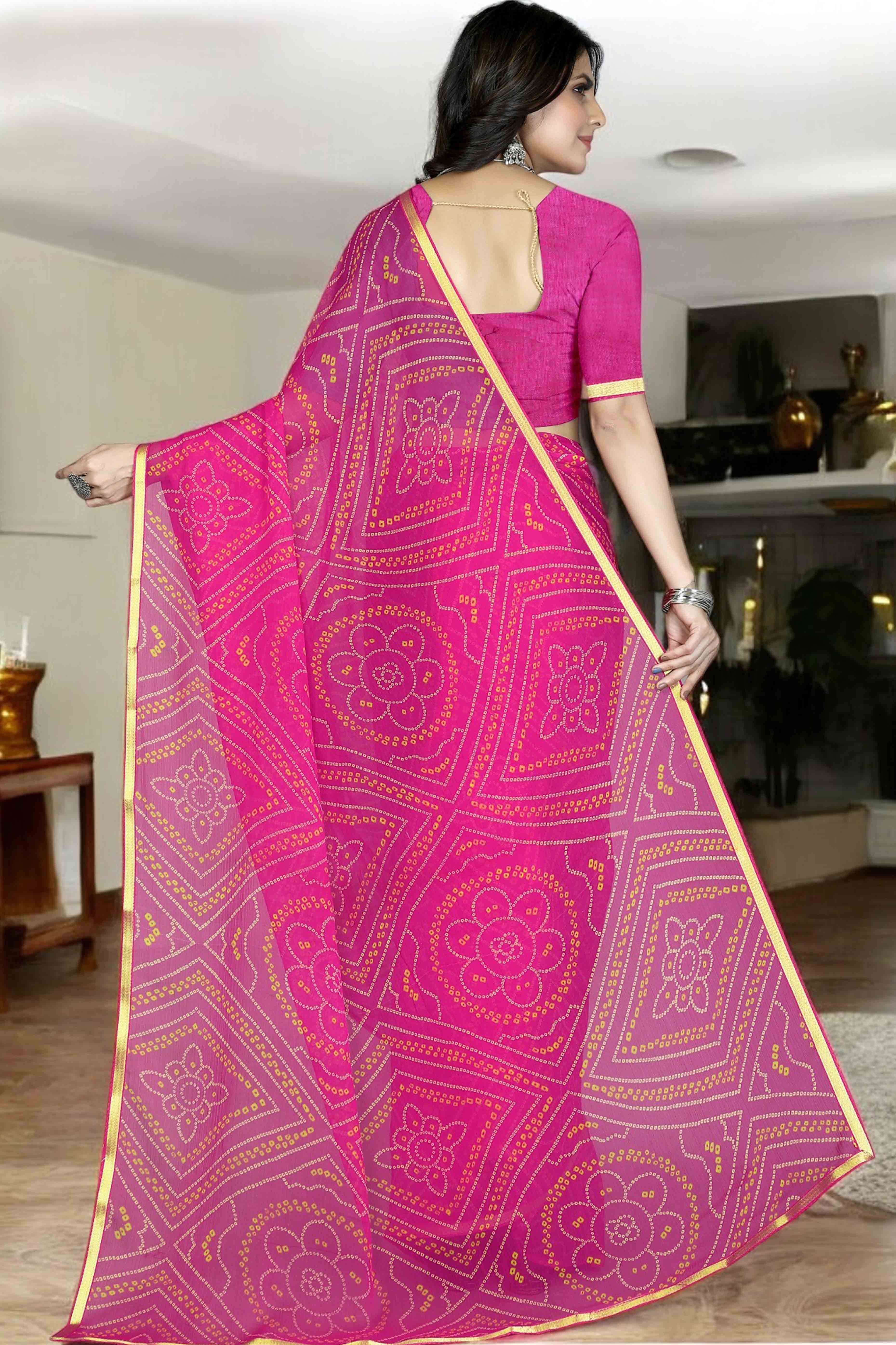 Pink Bandhani Printed Chiffon Saree With Lace Border