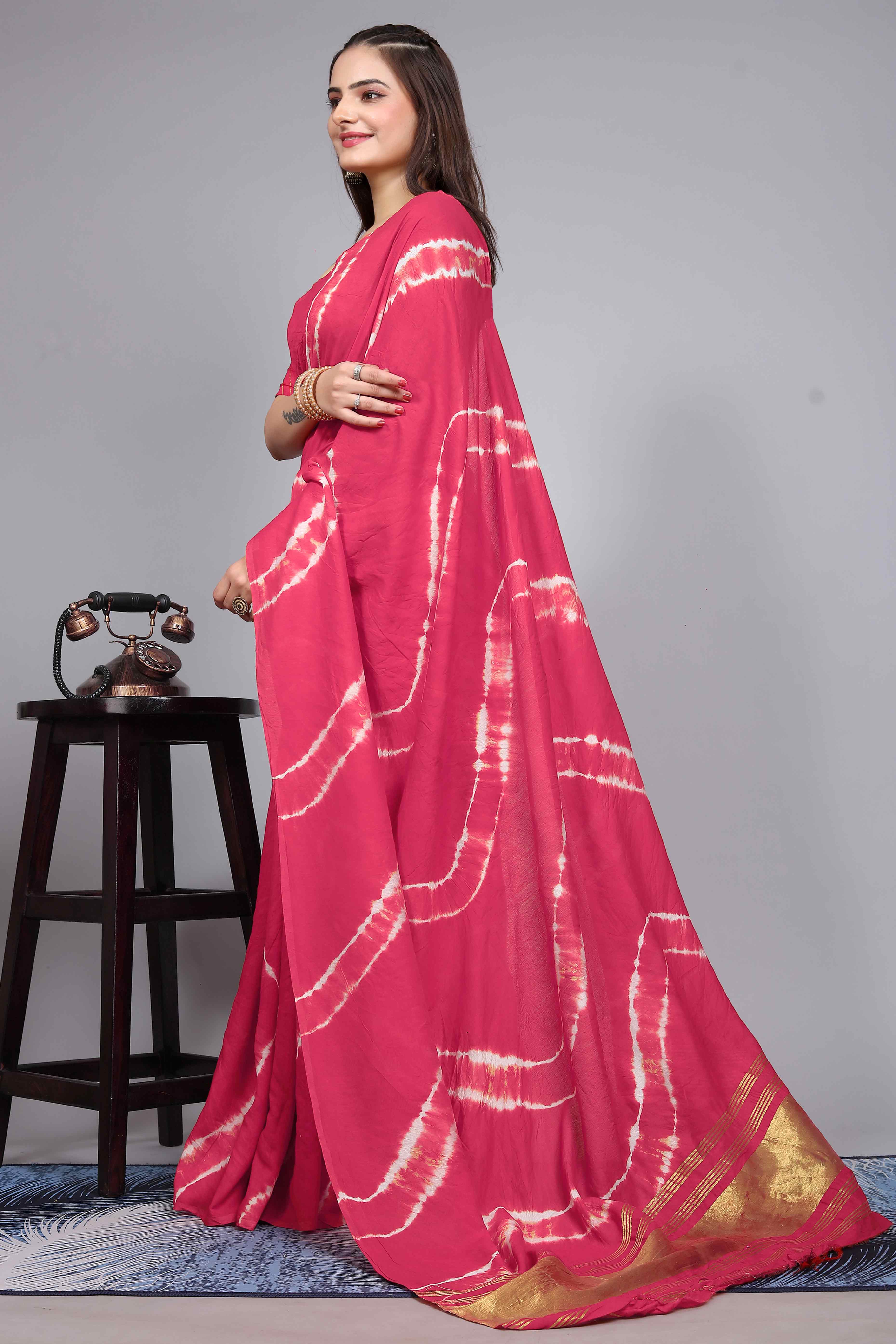 Pink Shibori Leheriya Printed Chanderi Cotton Silk Lagdi Patta Saree