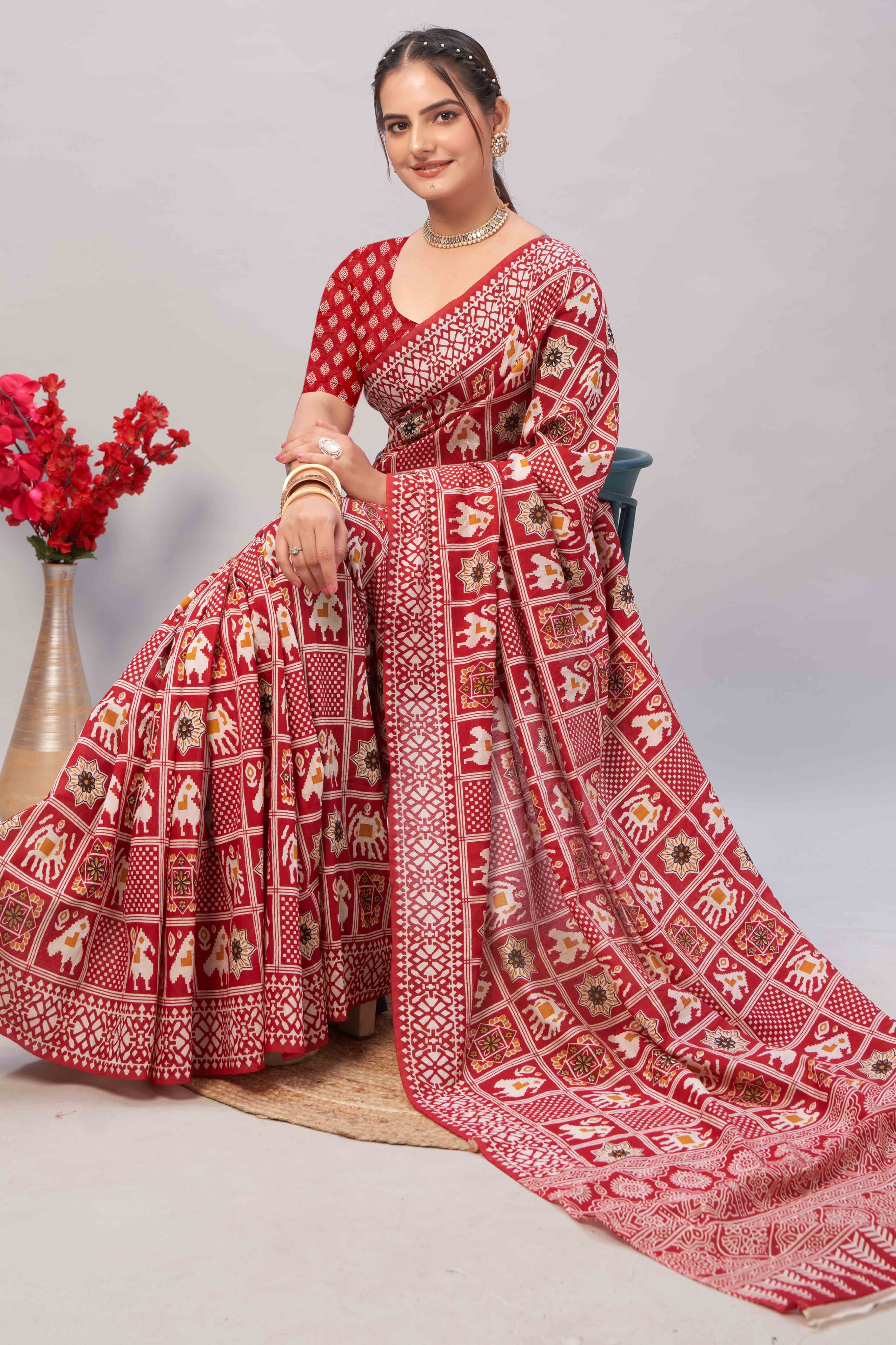 Red Ajrakh Printed Cotton Blend Saree