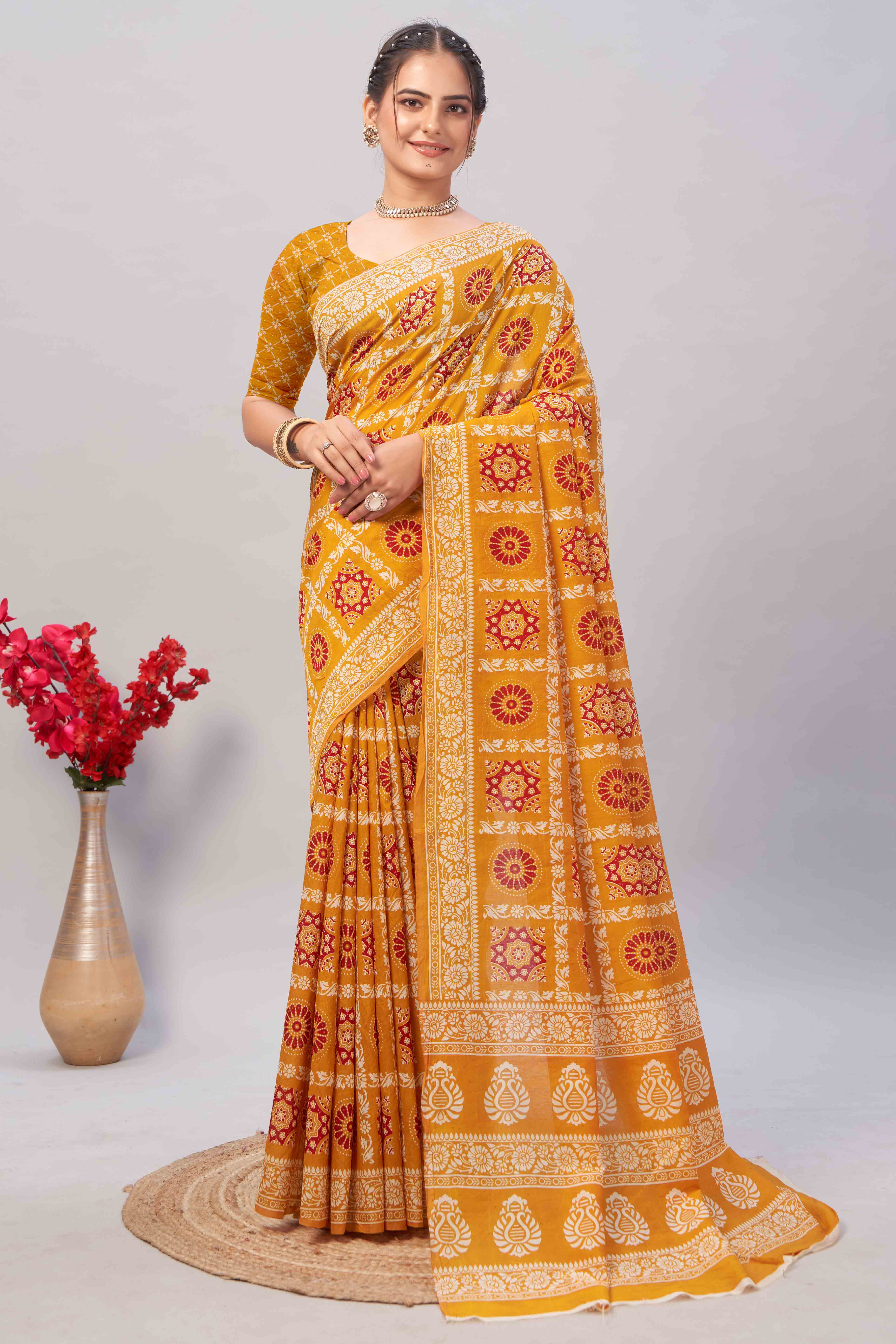 Mustard Ajrakh Printed Cotton Blend Saree
