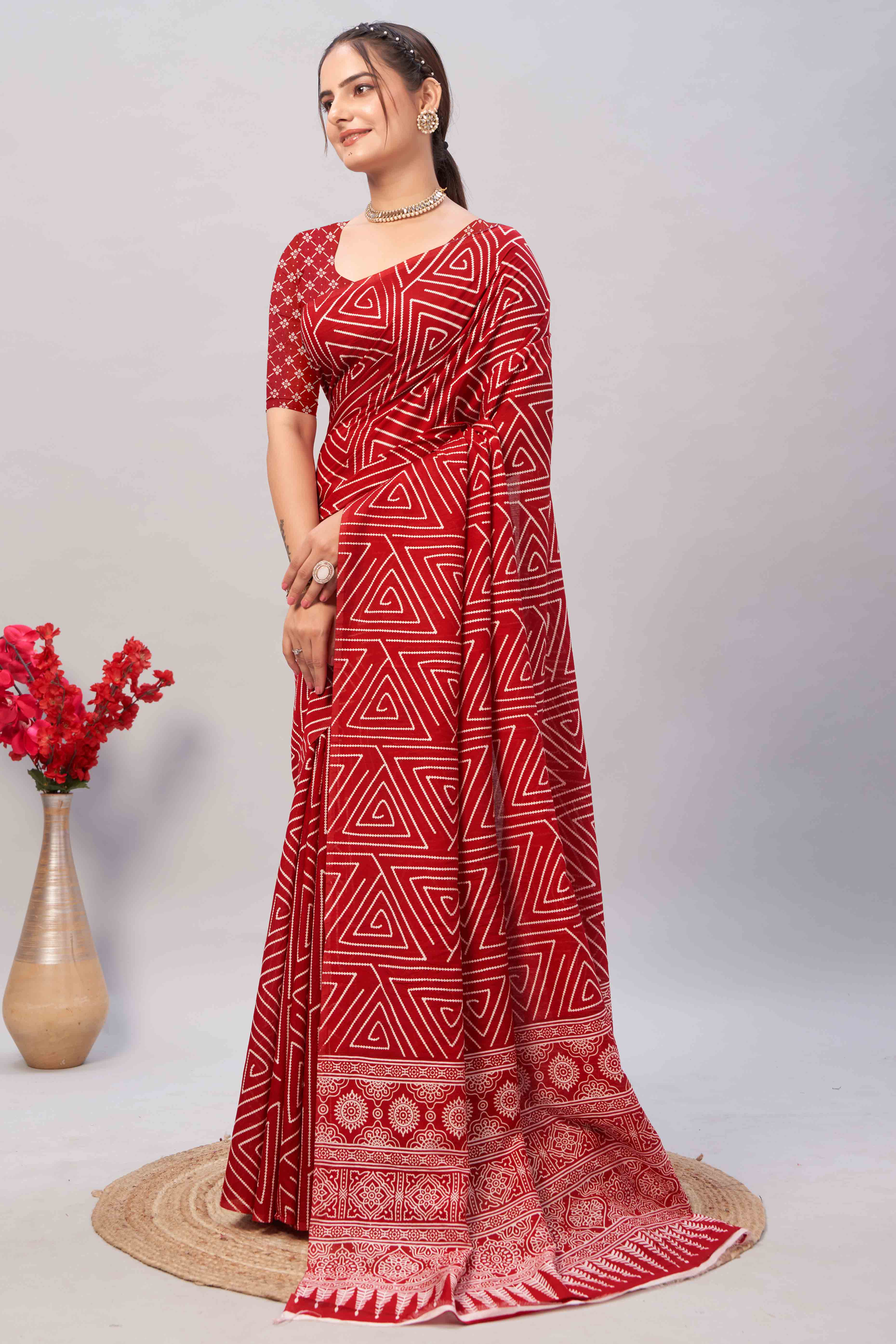 Red Ajrakh Printed Cotton Blend Saree