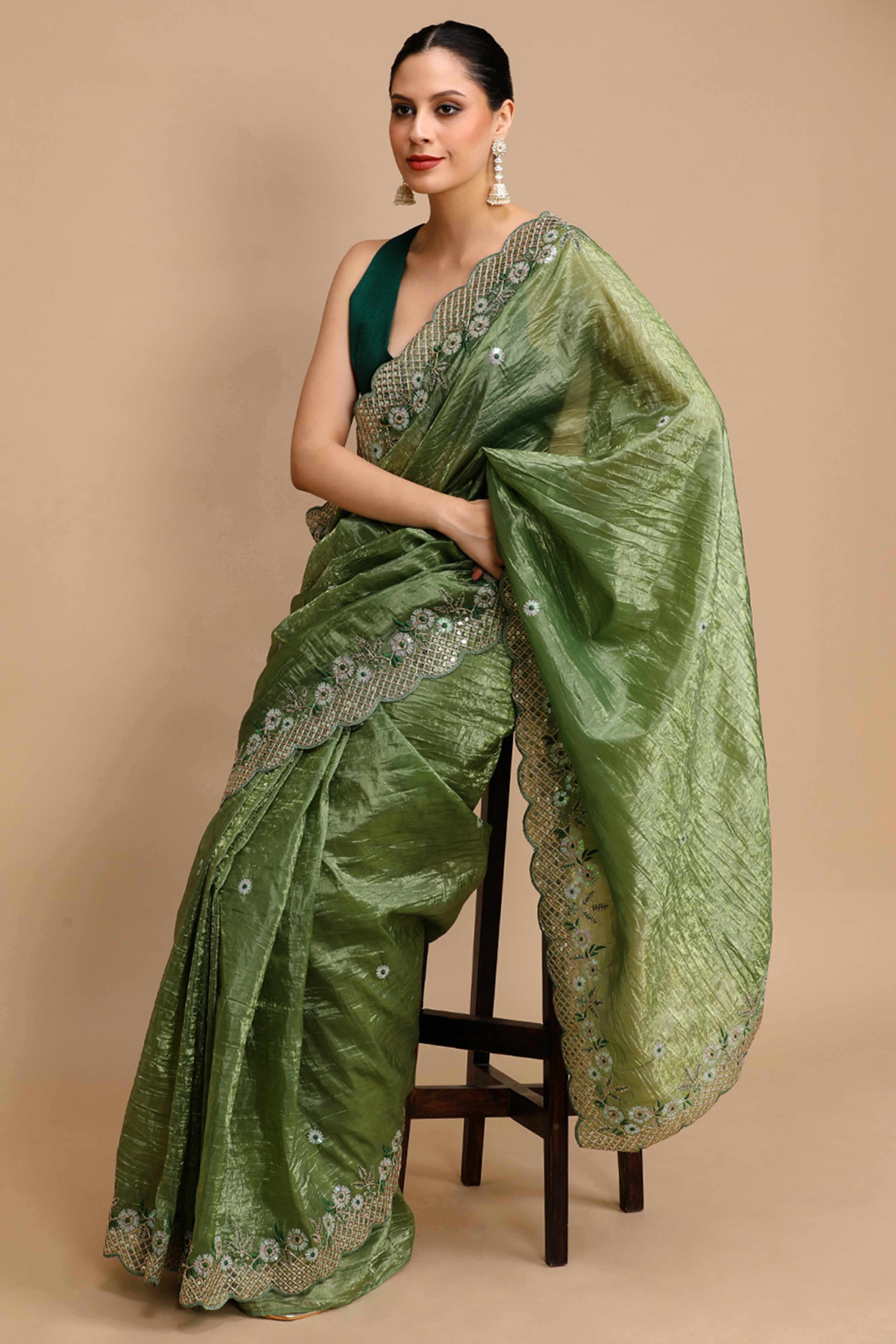 Forest Green Floral Design Art Silk Saree with Glittering Sequins Embroidery