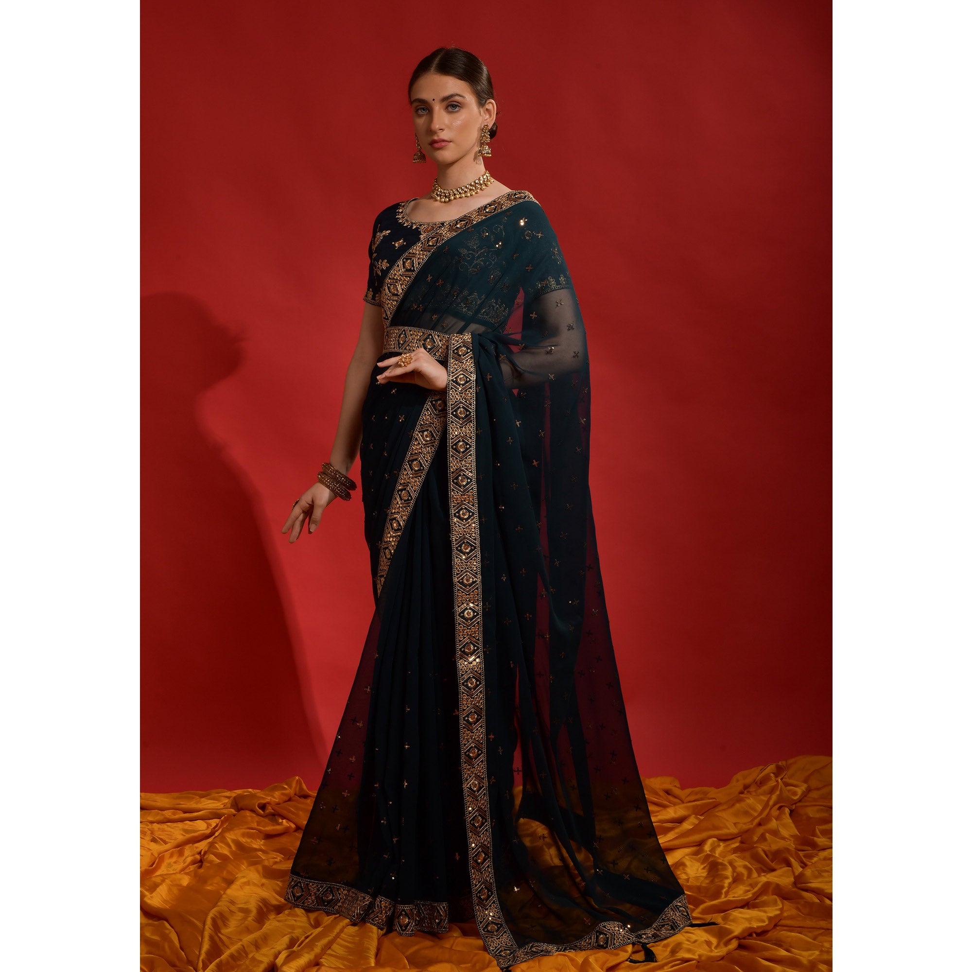 Blue Sequins Embroidered Georgette Saree