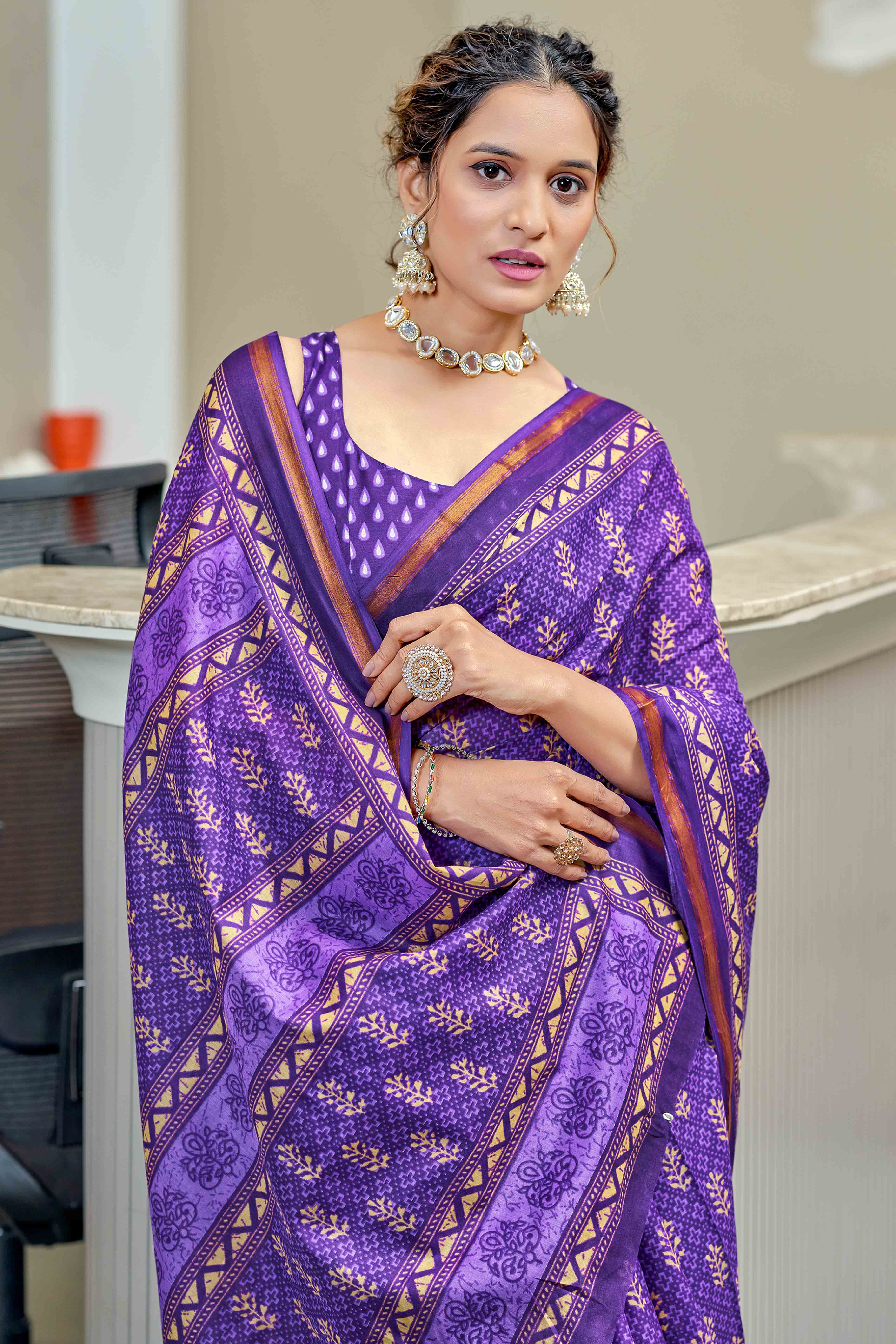 Purple Floral Printed Pure In Mulmul Cotton Saree