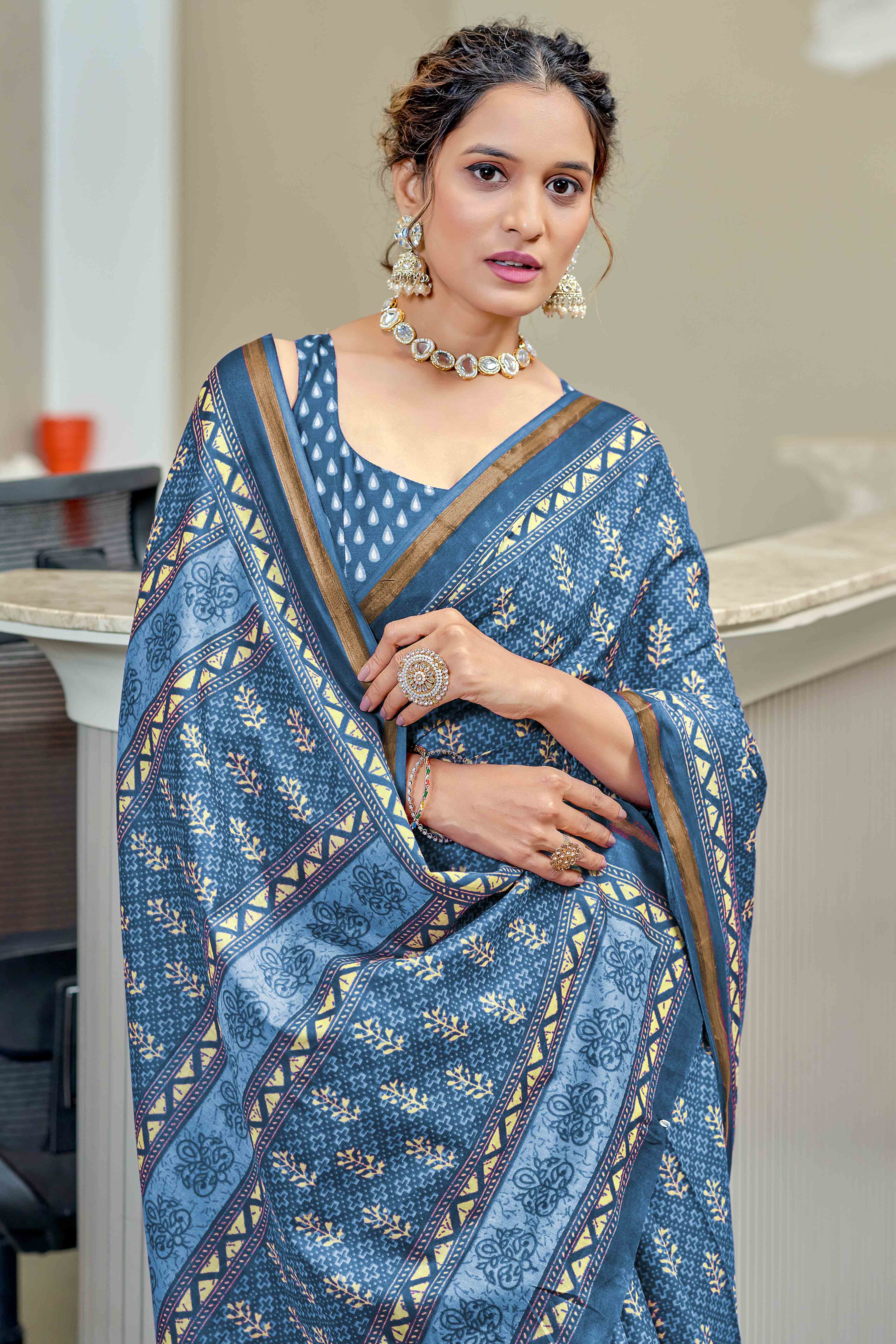 Refreshing Teal Floral Print Pure In Mulmul Saree