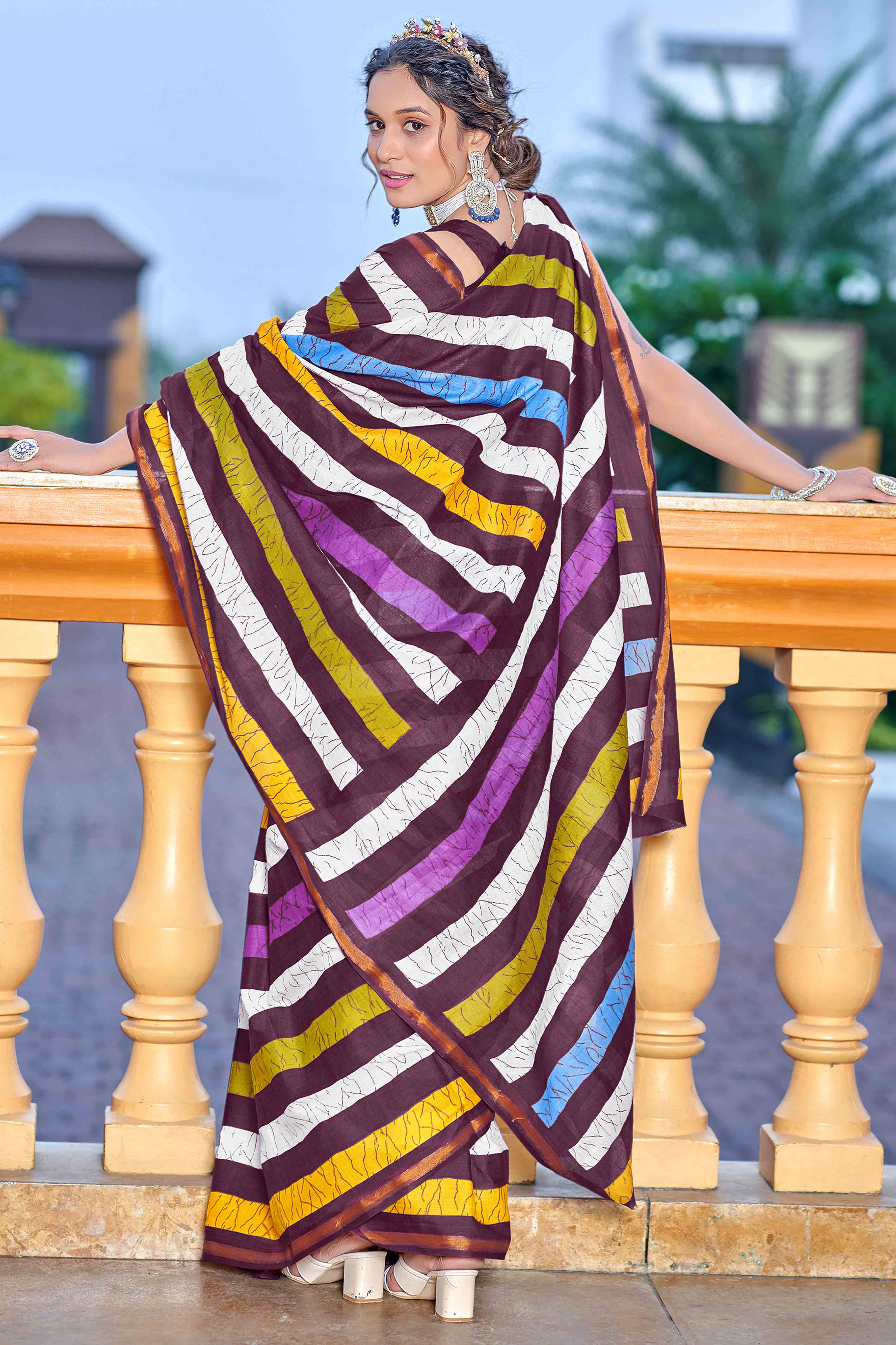 Wine Striped Printed Pure Mulmul Cotton Saree