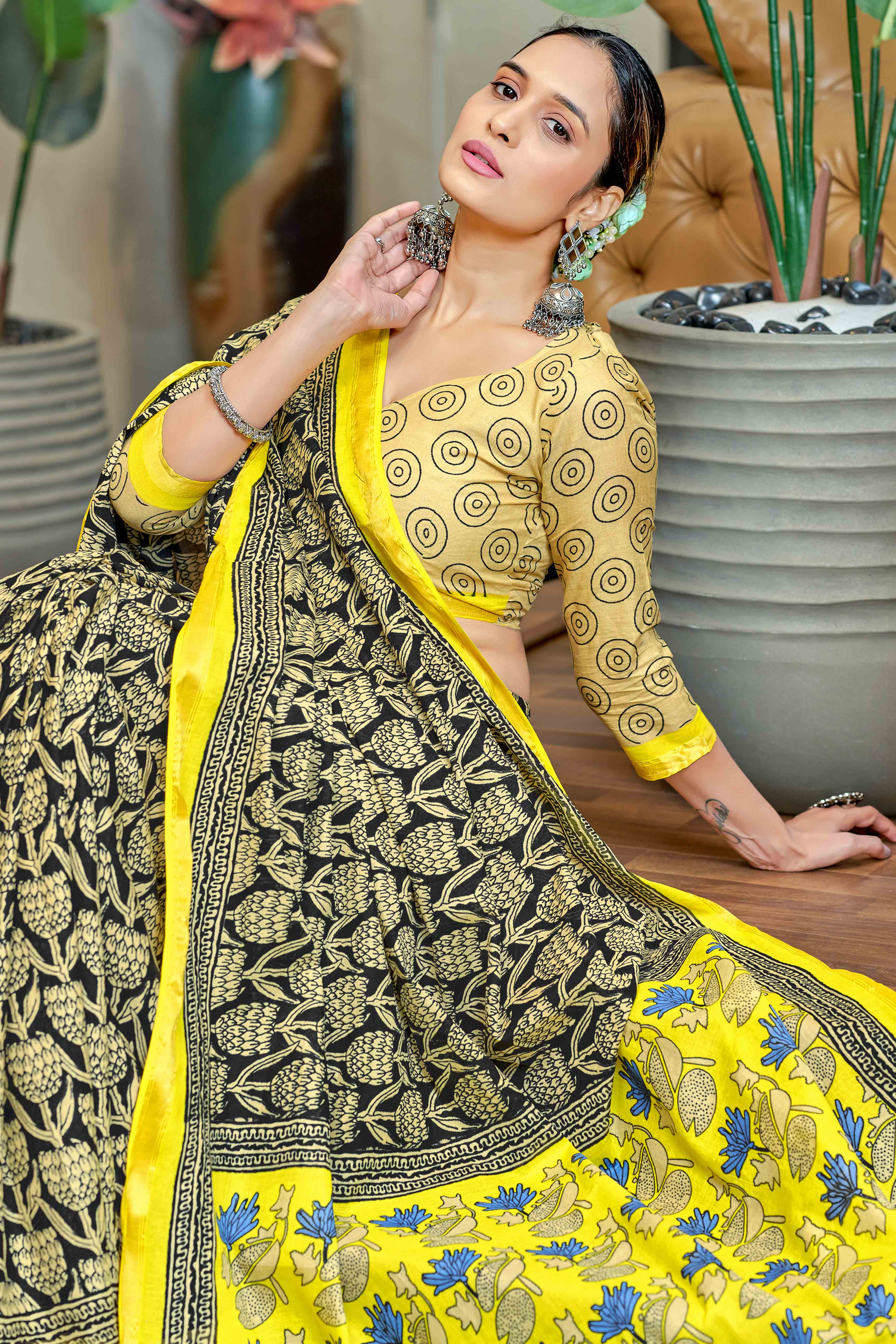 Black Floral Printed Pure Mulmul Cotton Saree