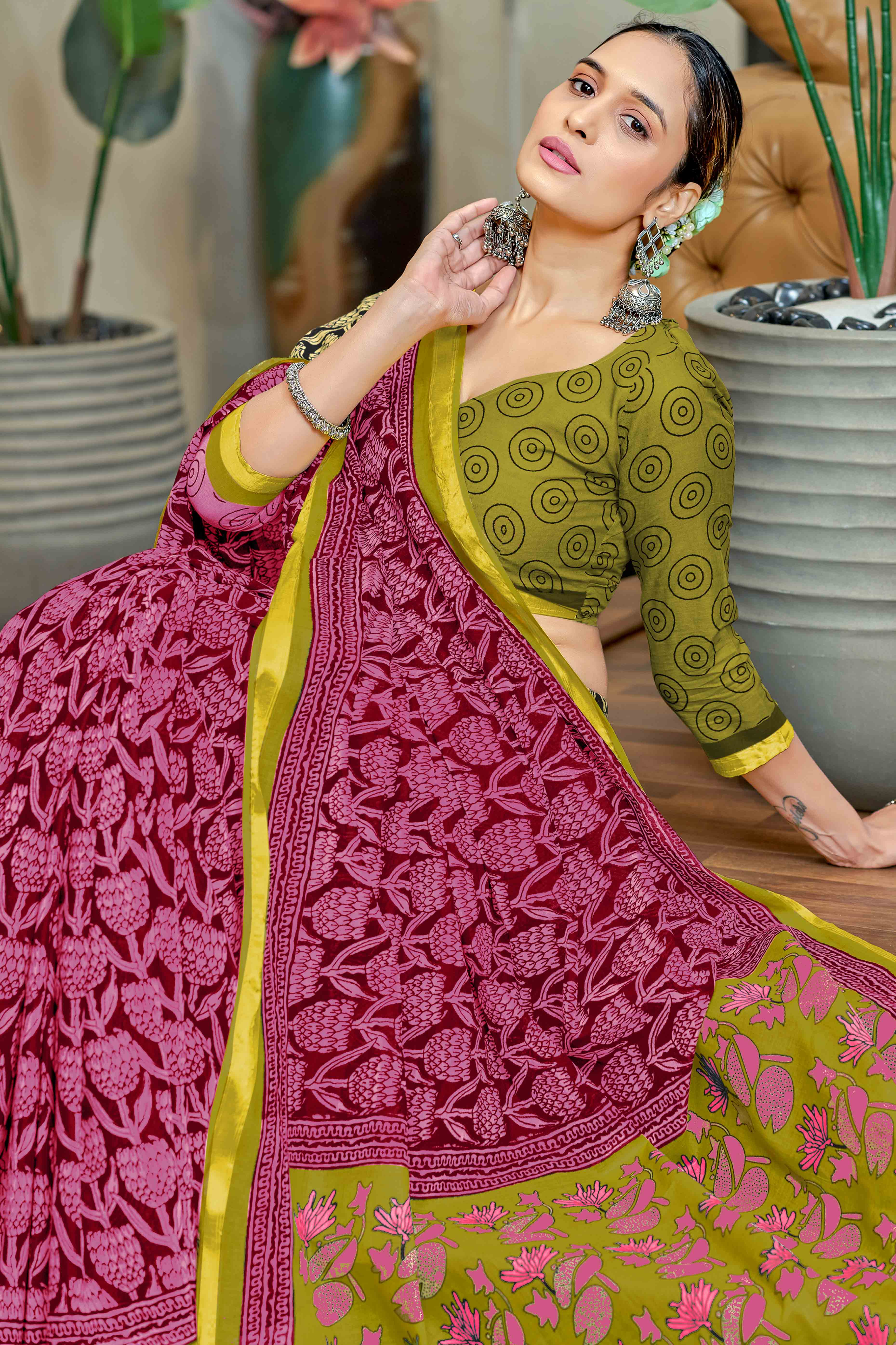 Pink Floral Printed Pure Mulmul Cotton Saree