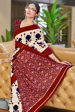Cream & Maroon Abstract Printed Soft Pure Cotton Saree