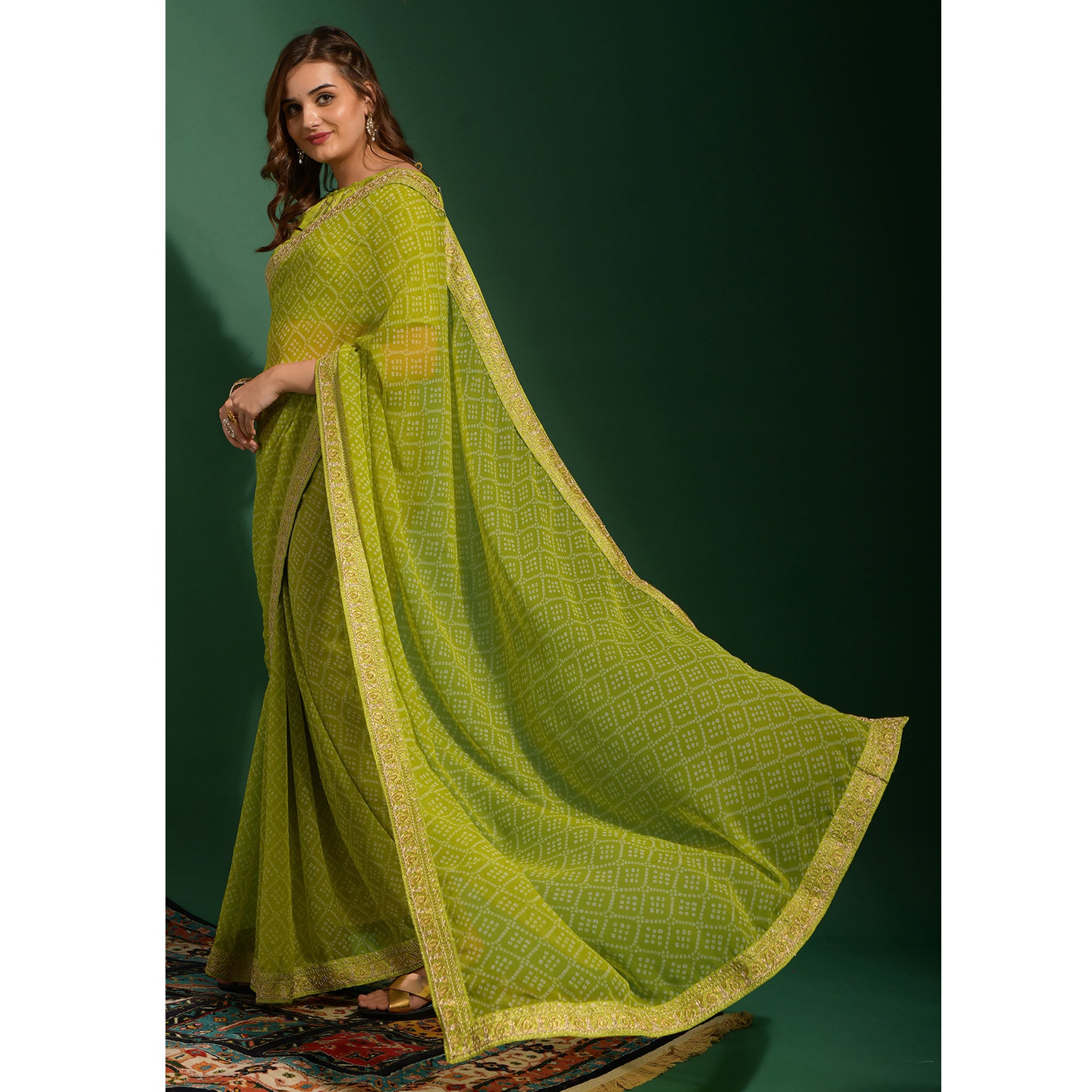 Parrot Green Bandhani Printed Georgette Saree With Embroidered Border