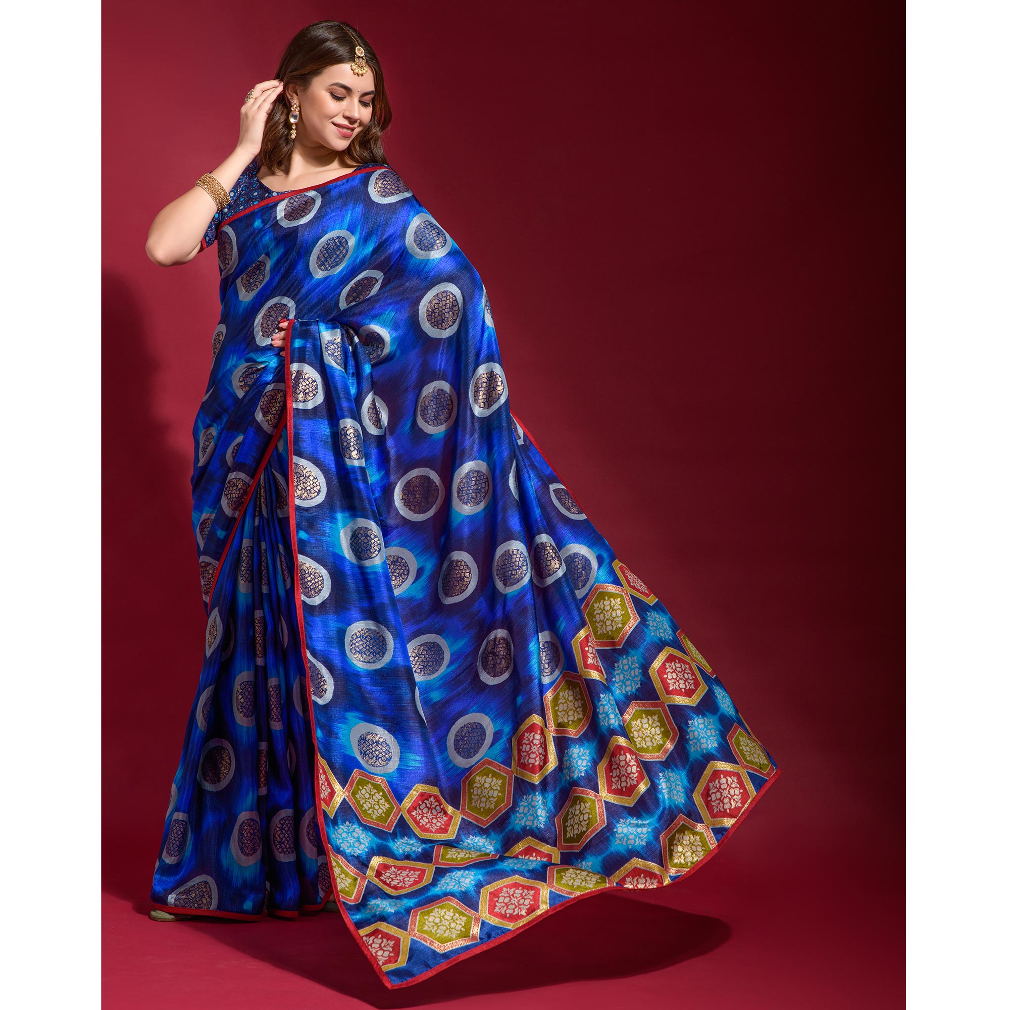 Blue Foil Printed Art Silk Saree