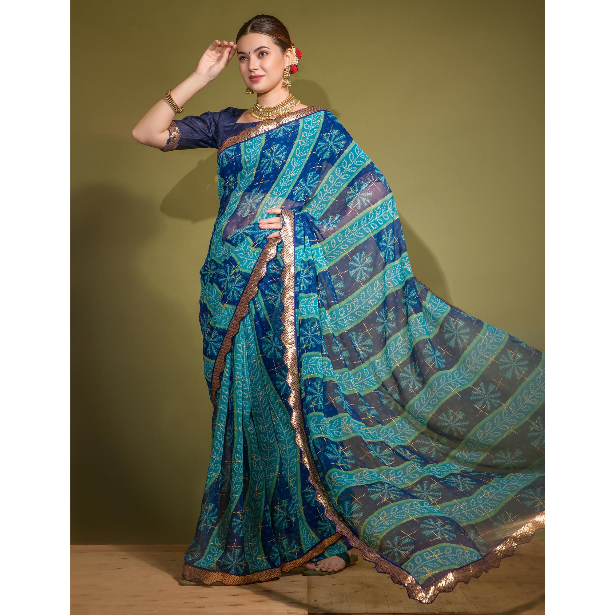 Blue Bandhani Foil Printed Georgette Saree With Embroidered Border