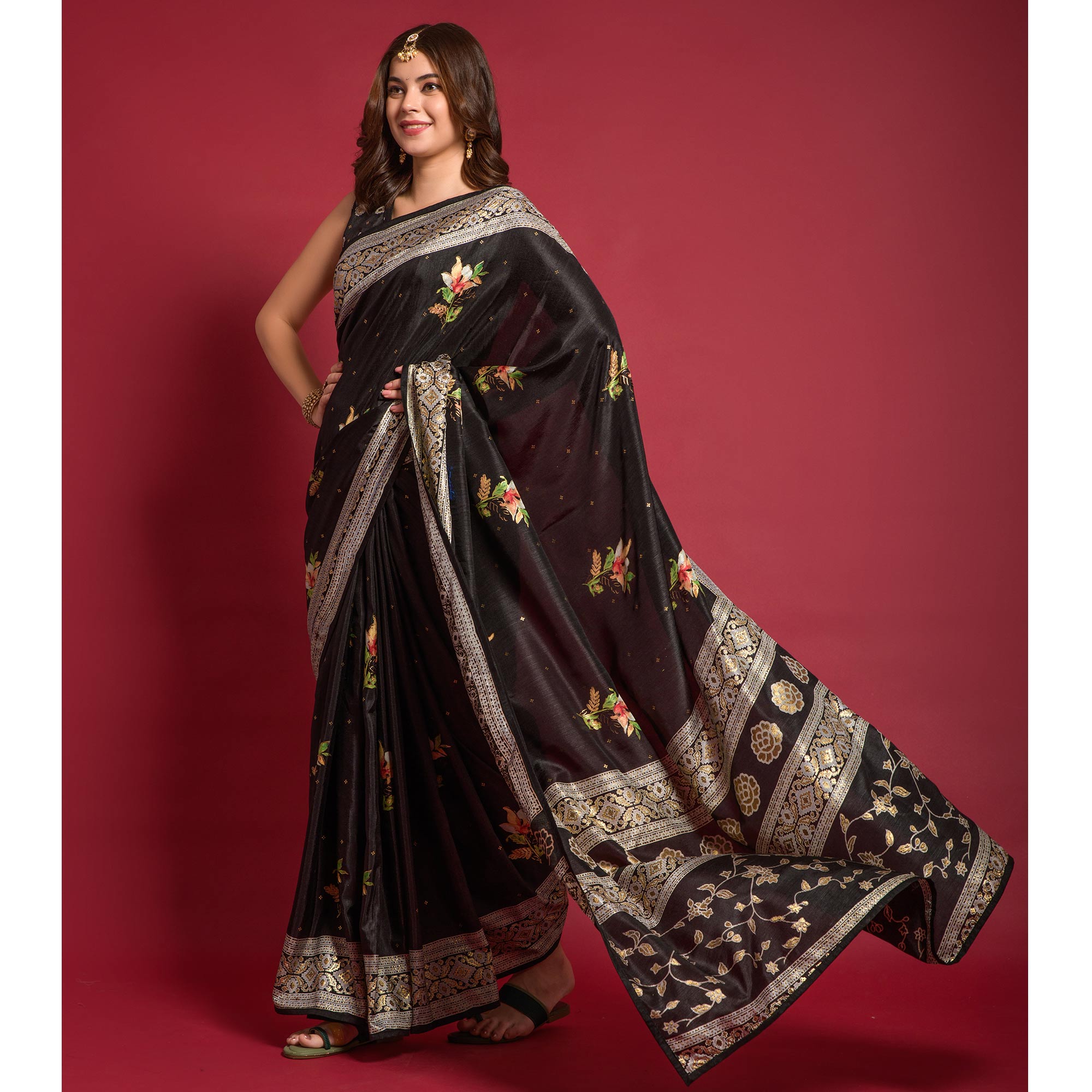 Black Floral Foil Printed Art Silk Saree