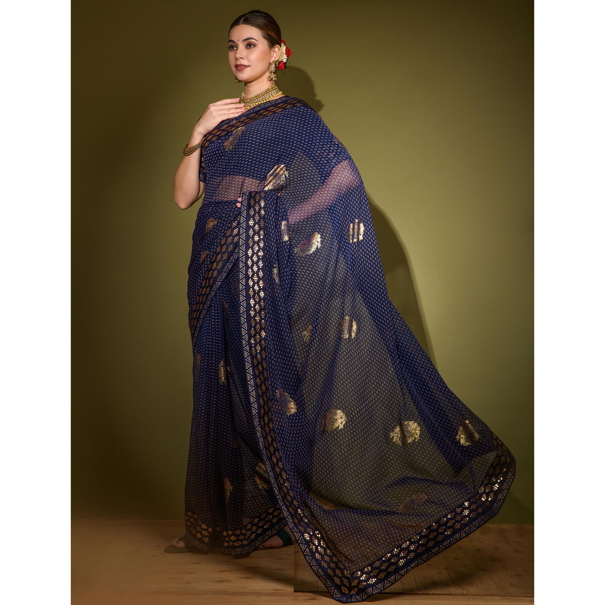 Blue Foil Printed Georgette Saree